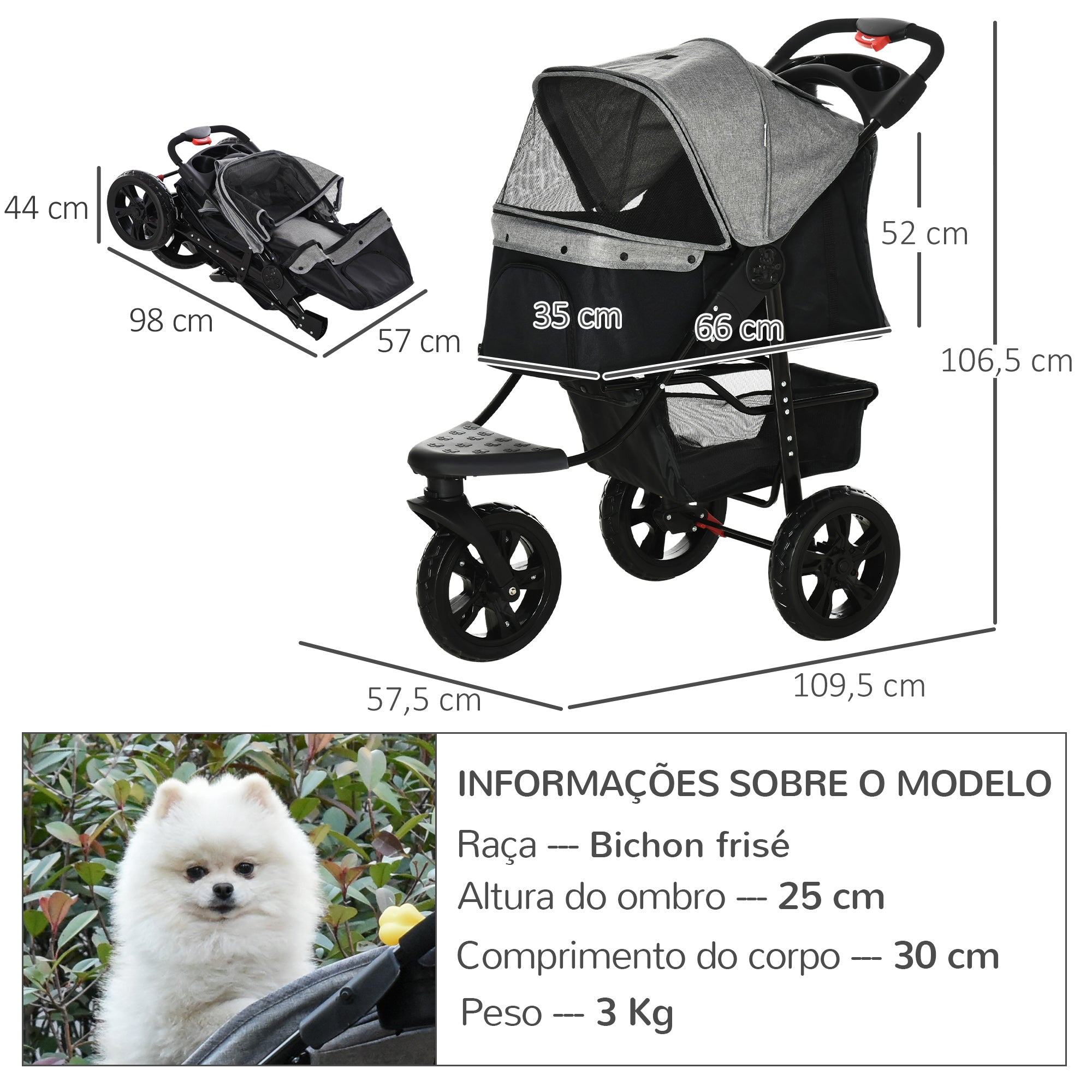 Carrinho de Animais de Estimação Dobrável com Rodas 109,5x54,5x106,5 cm - Cinzento