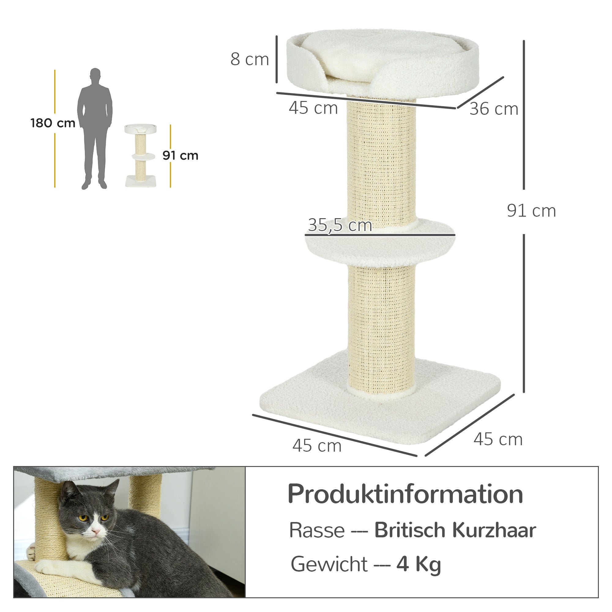 Arranhador para Gatos 3 Níveis Creme Branco 45x45x91 cm