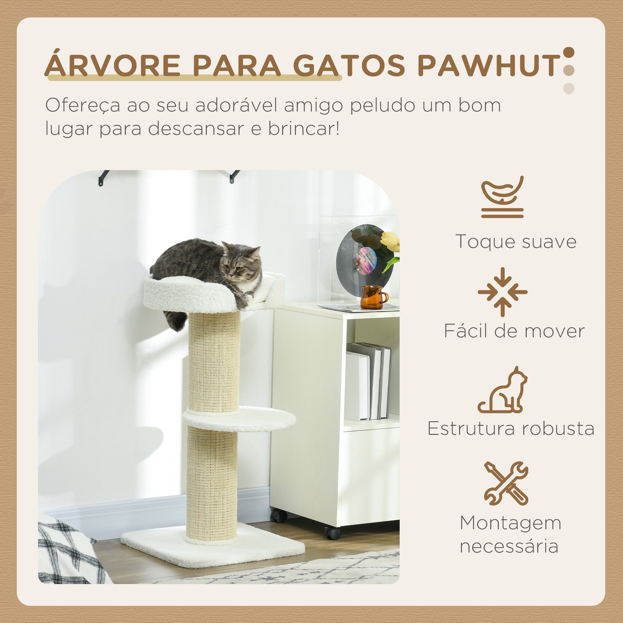 Arranhador para Gatos 3 Níveis Creme Branco 45x45x91 cm