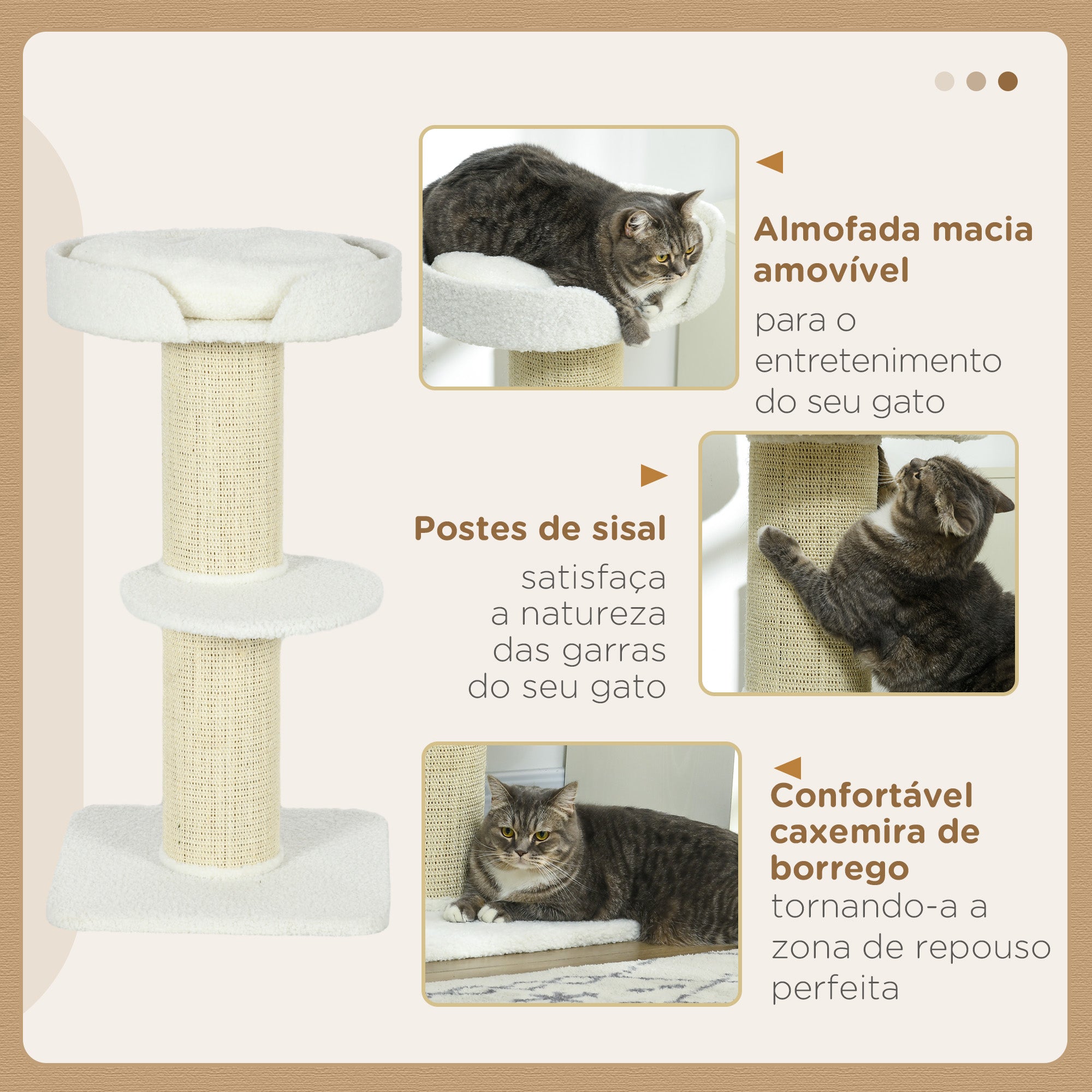 Arranhador para Gatos 3 Níveis Creme Branco 45x45x91 cm