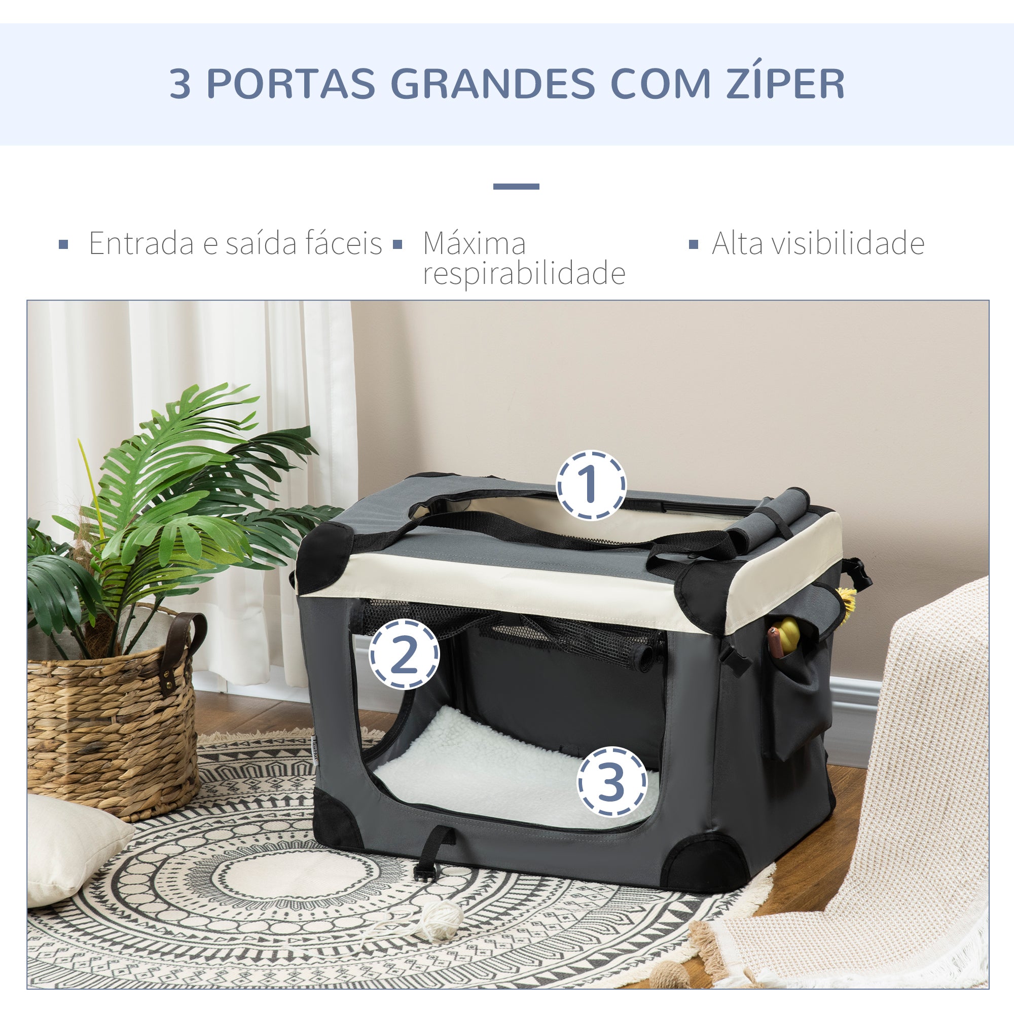 Transportadora para Cães e Gatos 60x41x41cm Cinzento