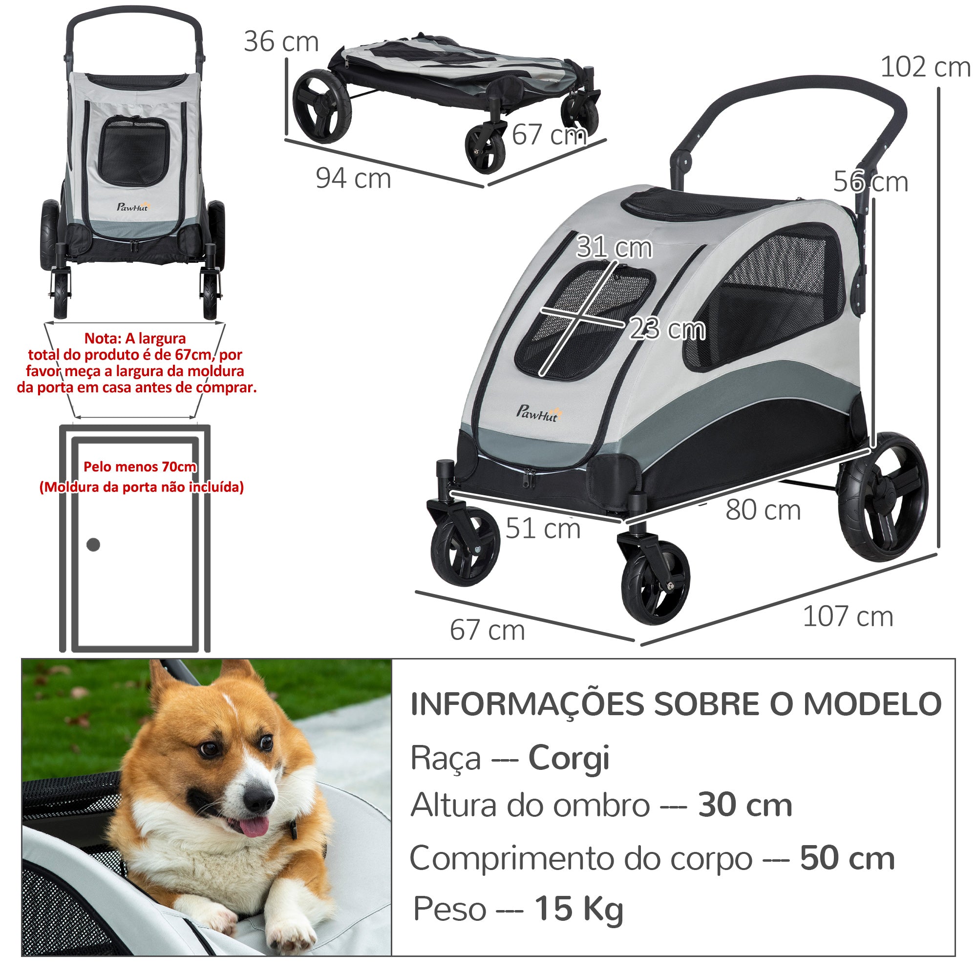 Carrinho para Animais de Estimação Dobrável – 107x67x102cm – Cinzento – Aço e Tecido Oxford