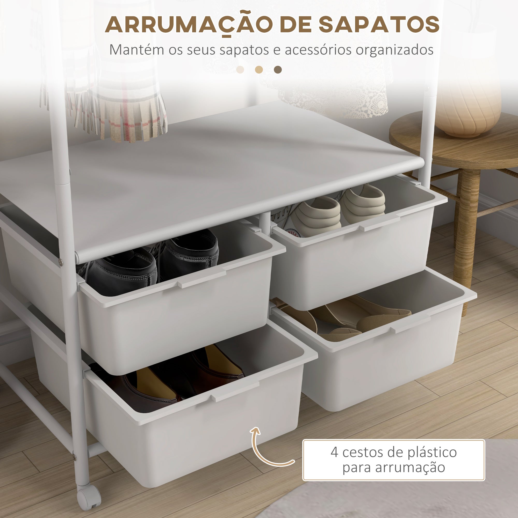 Charriot Moderno com Sapateiro e 4 Cestos para Armazenamento - 63x37x153 cm - Branco