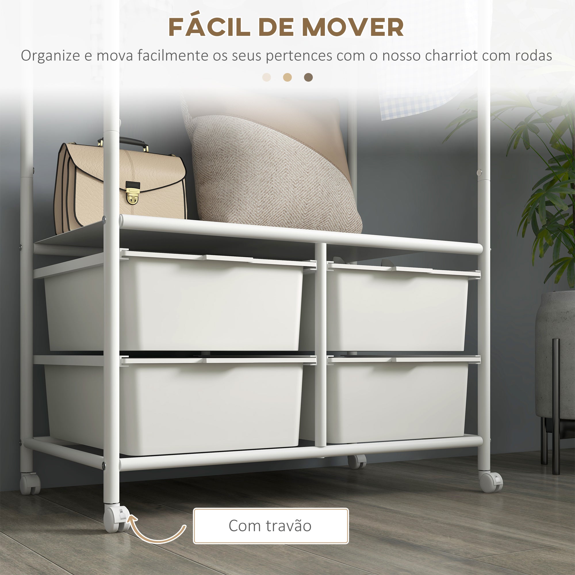 Charriot Moderno com Sapateiro e 4 Cestos para Armazenamento - 63x37x153 cm - Branco