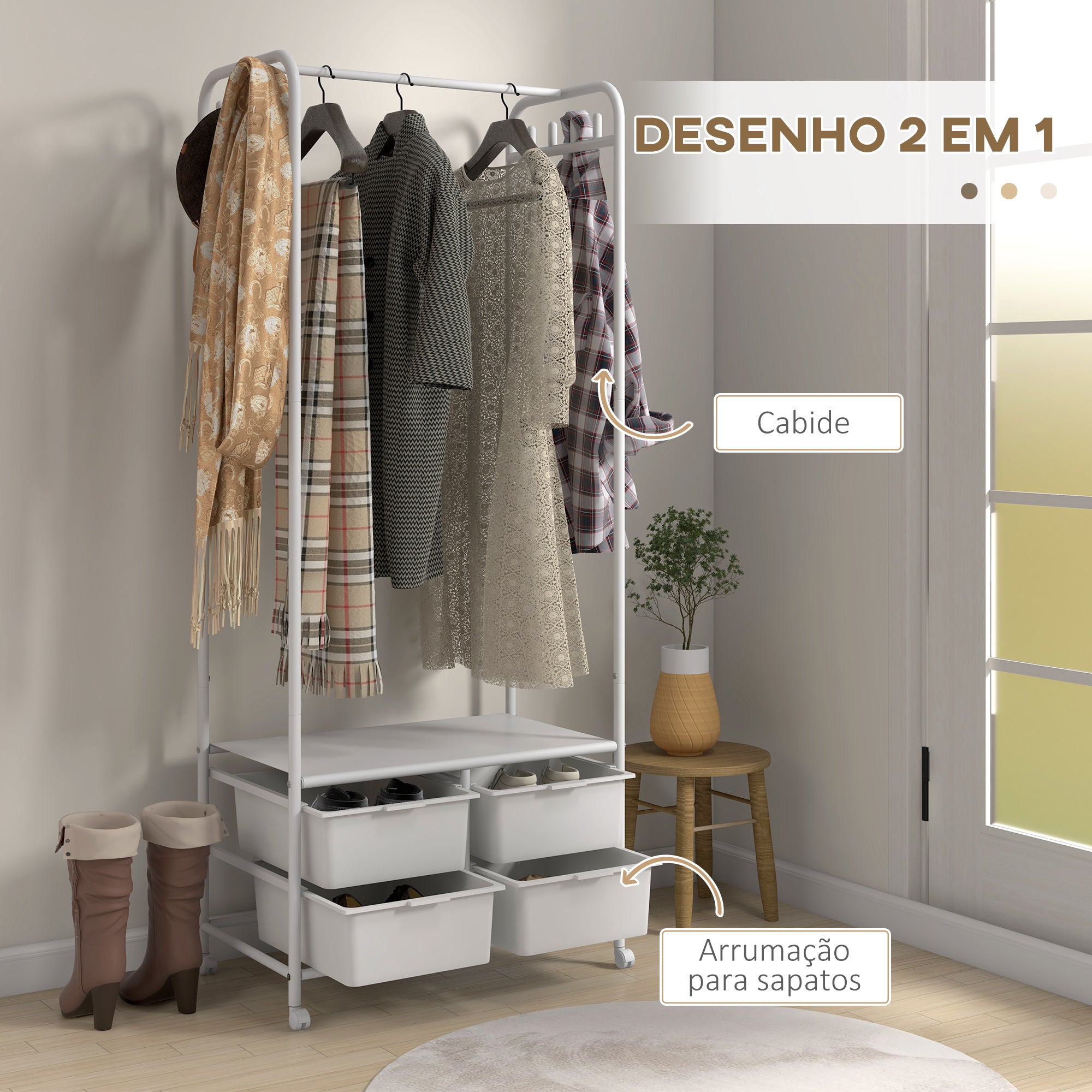 Charriot Moderno com Sapateiro e 4 Cestos para Armazenamento - 63x37x153 cm - Branco