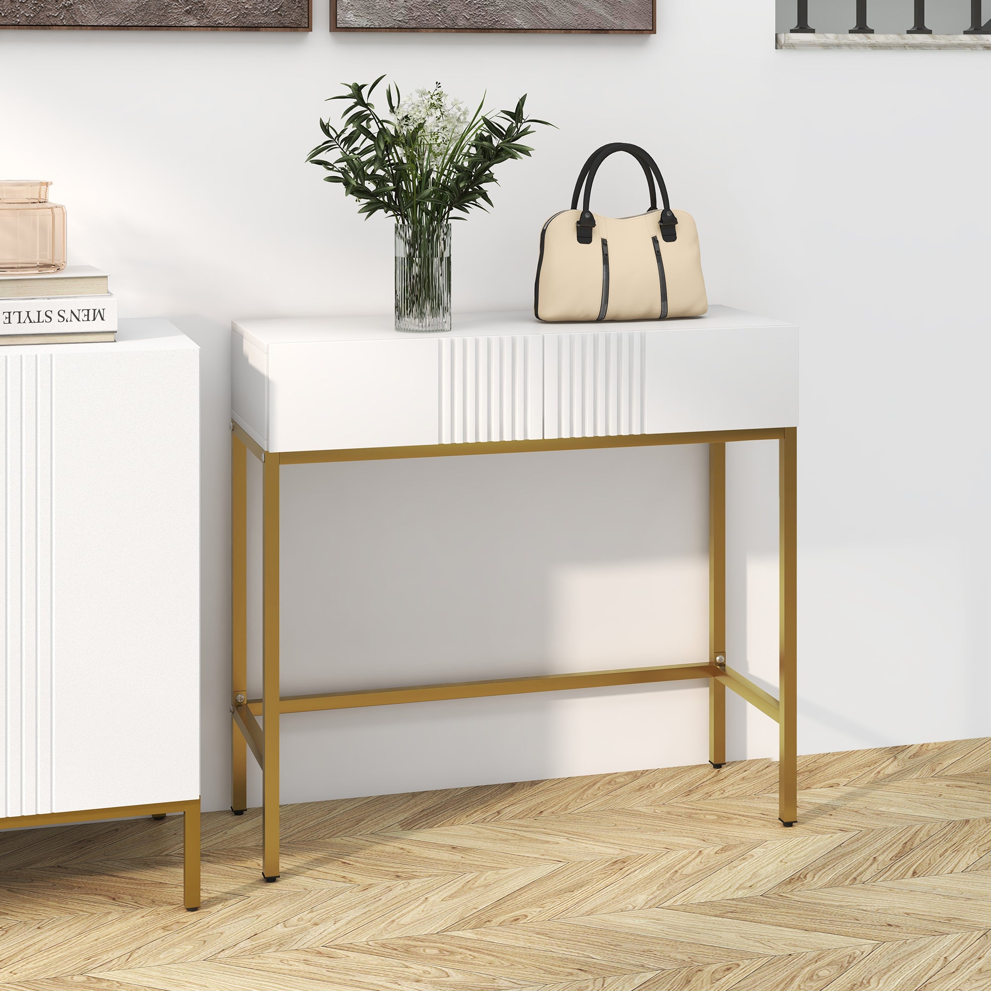 Mesa Consola Moderna com 2 Gavetas e Pés de Aço - 80x31,5x75 cm Branco