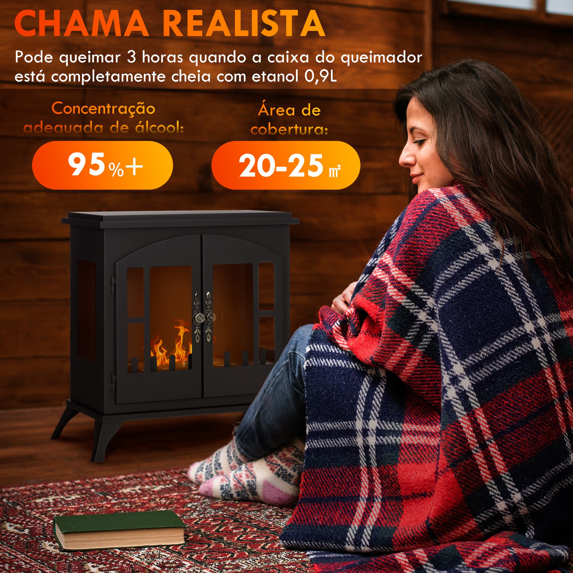 Lareira de Bioetanol de Pé – 55x31x55 cm – Preto – Aço