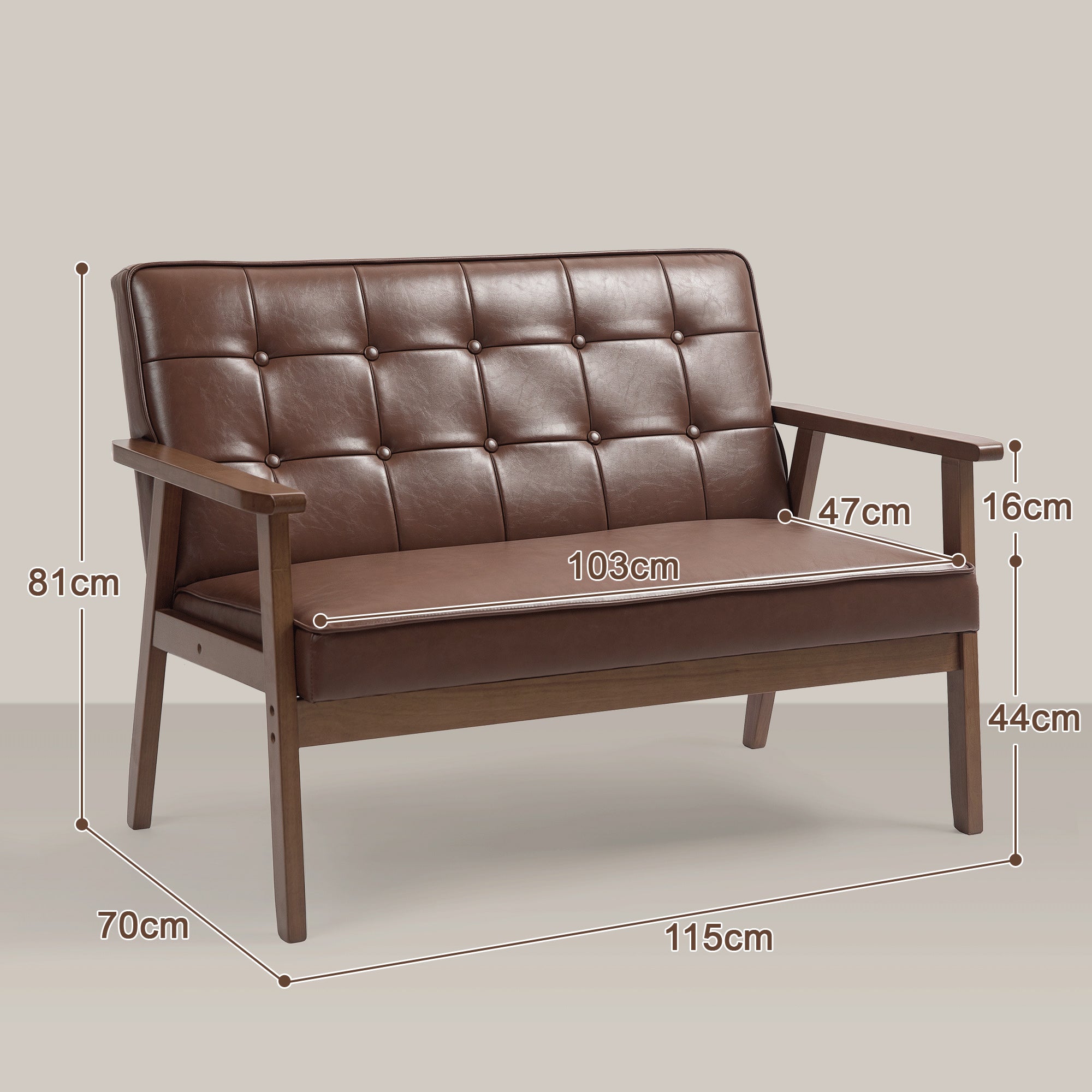Sofá de 2 Lugares Estofado em Couro PU Marrom 115x70x81 cm