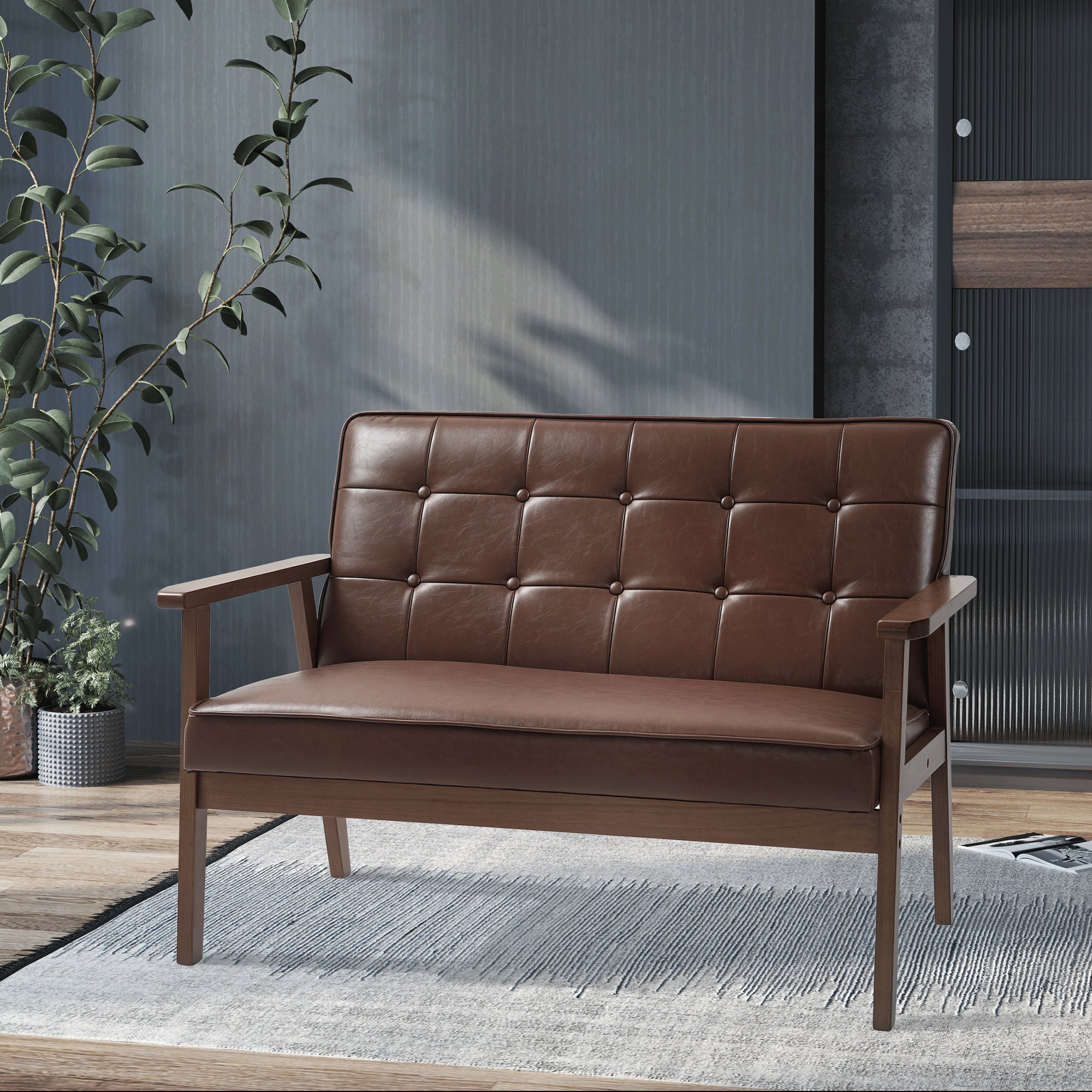 Sofá de 2 Lugares Estofado em Couro PU Marrom 115x70x81 cm