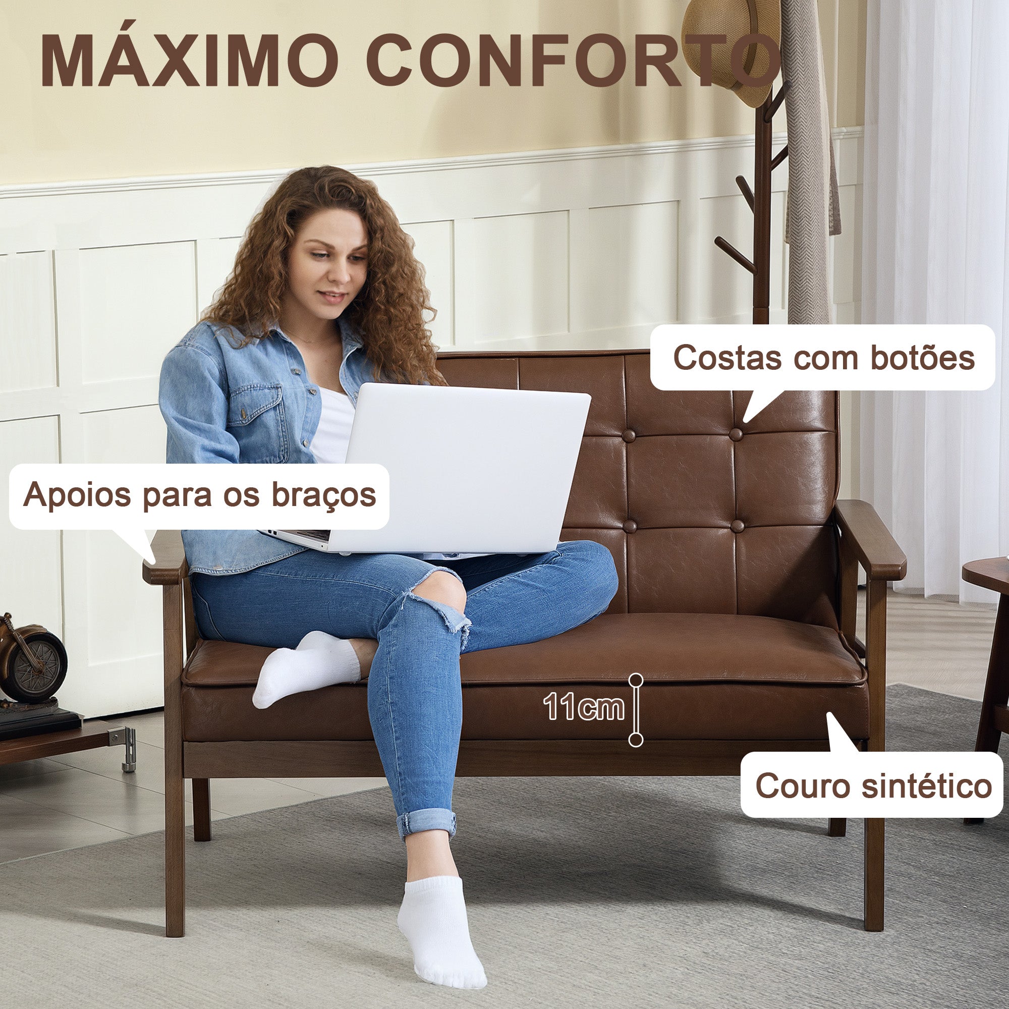 Sofá de 2 Lugares Estofado em Couro PU Marrom 115x70x81 cm