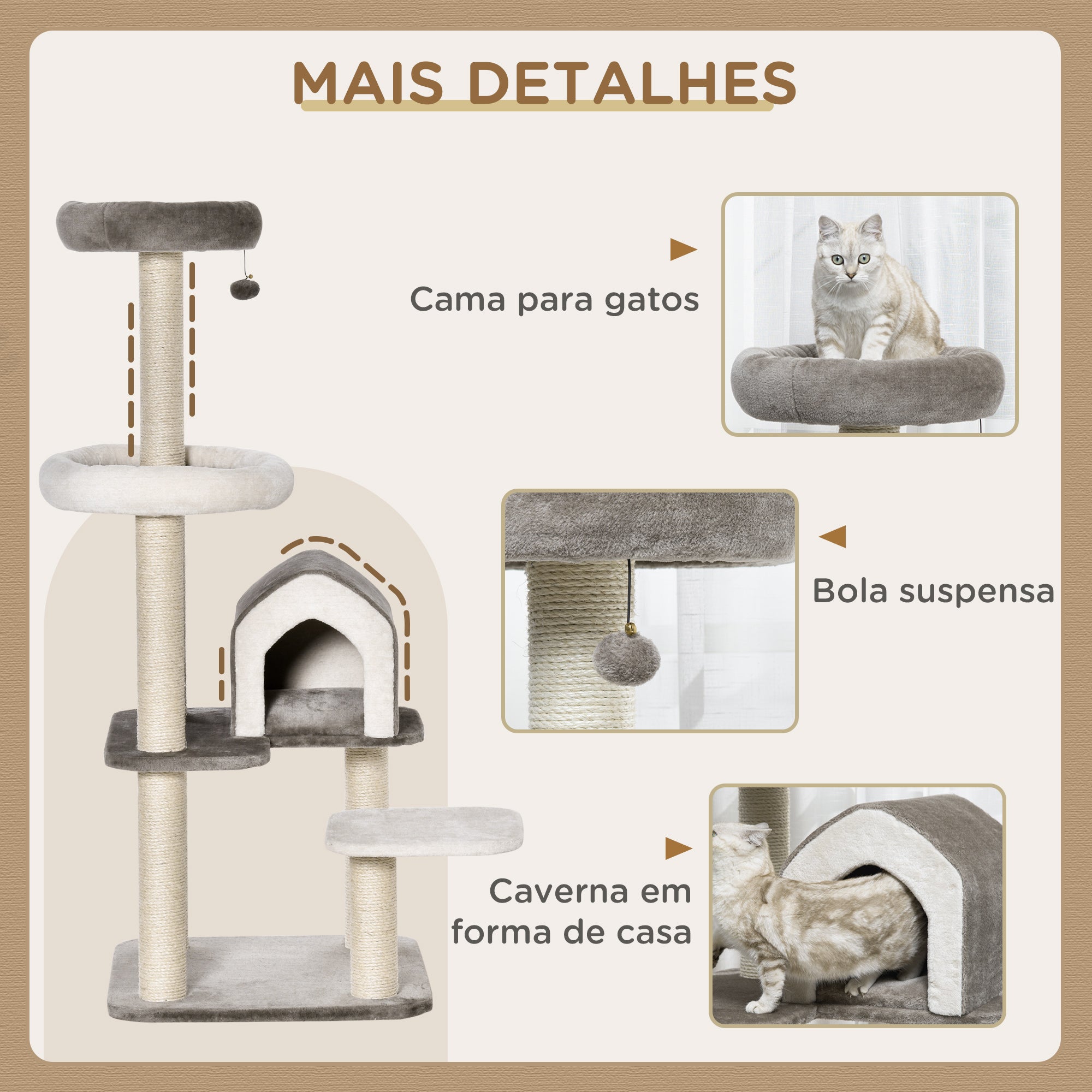 Torre Arranhador para Gatos 60x60x149 cm Marrom e Bege
