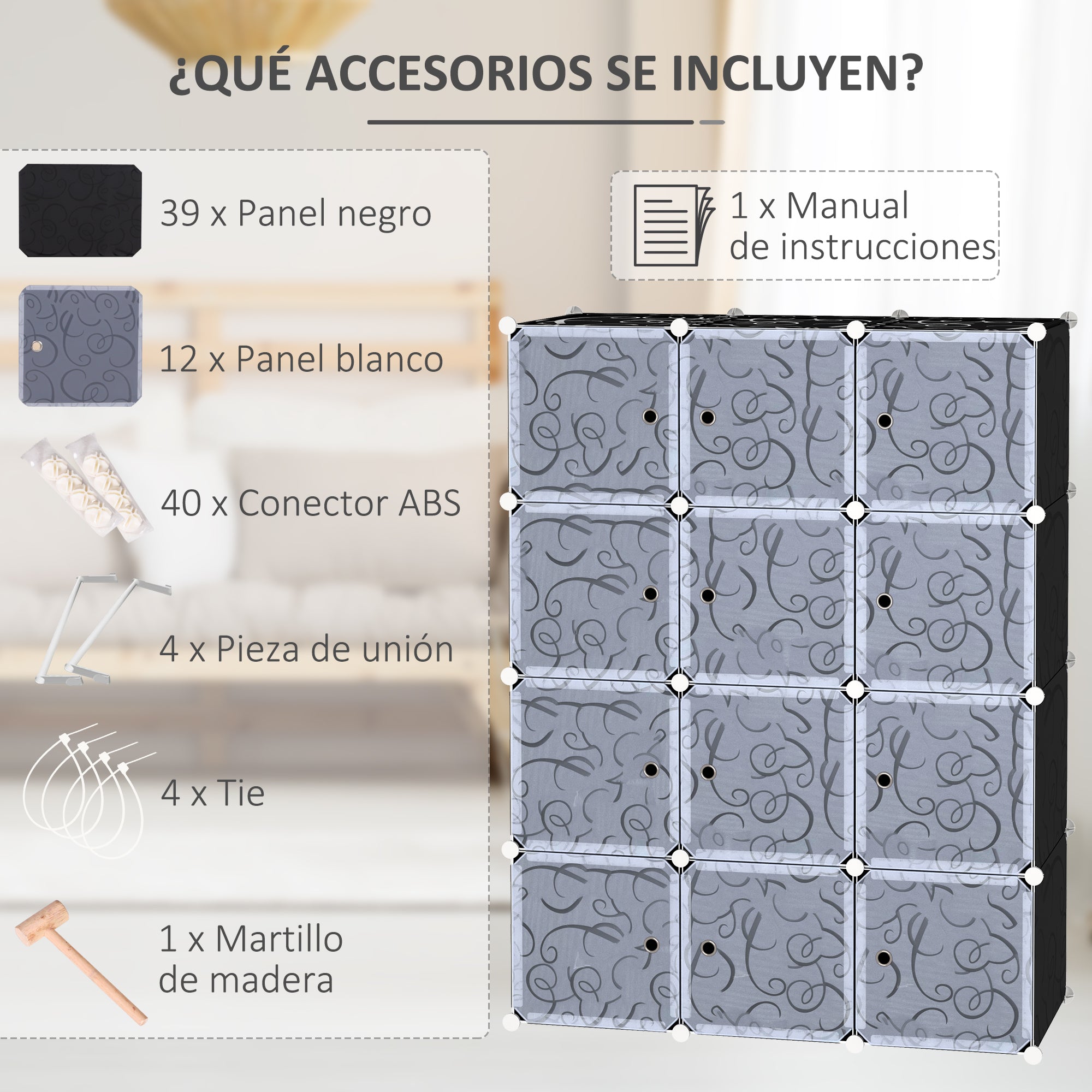 Armário Organizador de Brinquedos e Livros DIY - 111x47x145 cm - Branco e Preto