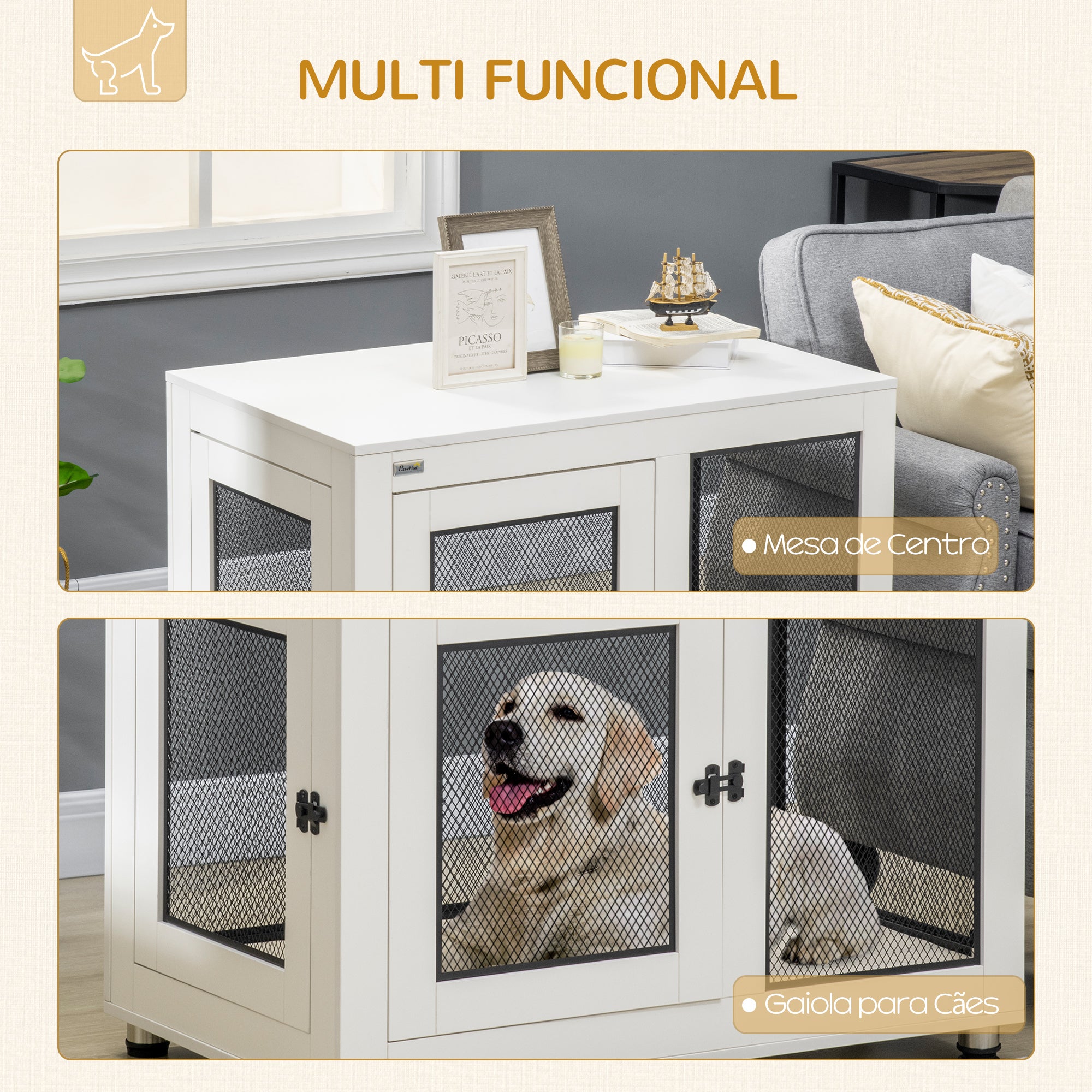 Gaiola para Cães – 94x60x71,5cm – Branco – Aço e Aglomerado
