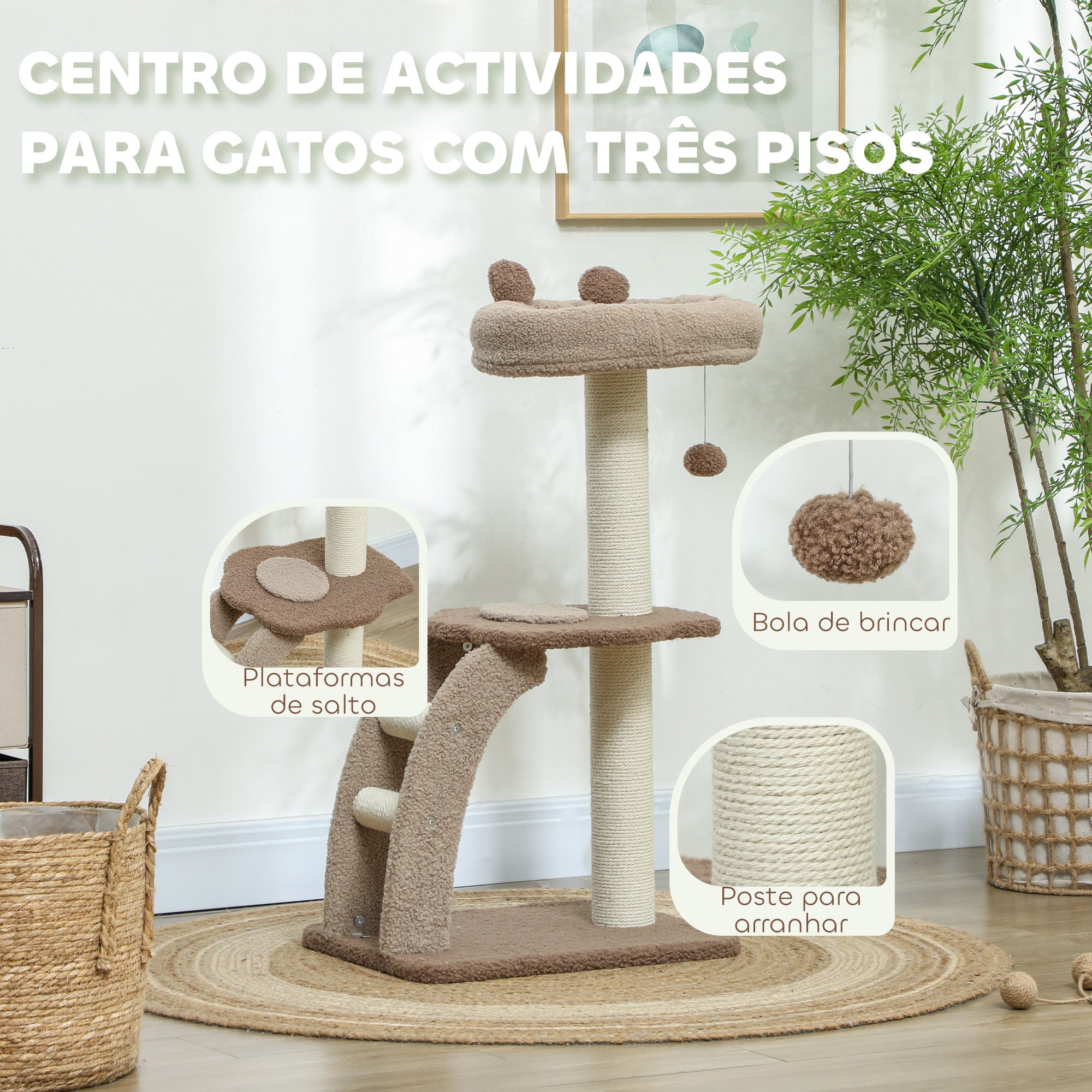 Arranhador para Gatos Altura 88 cm - Marrom Claro e Bege