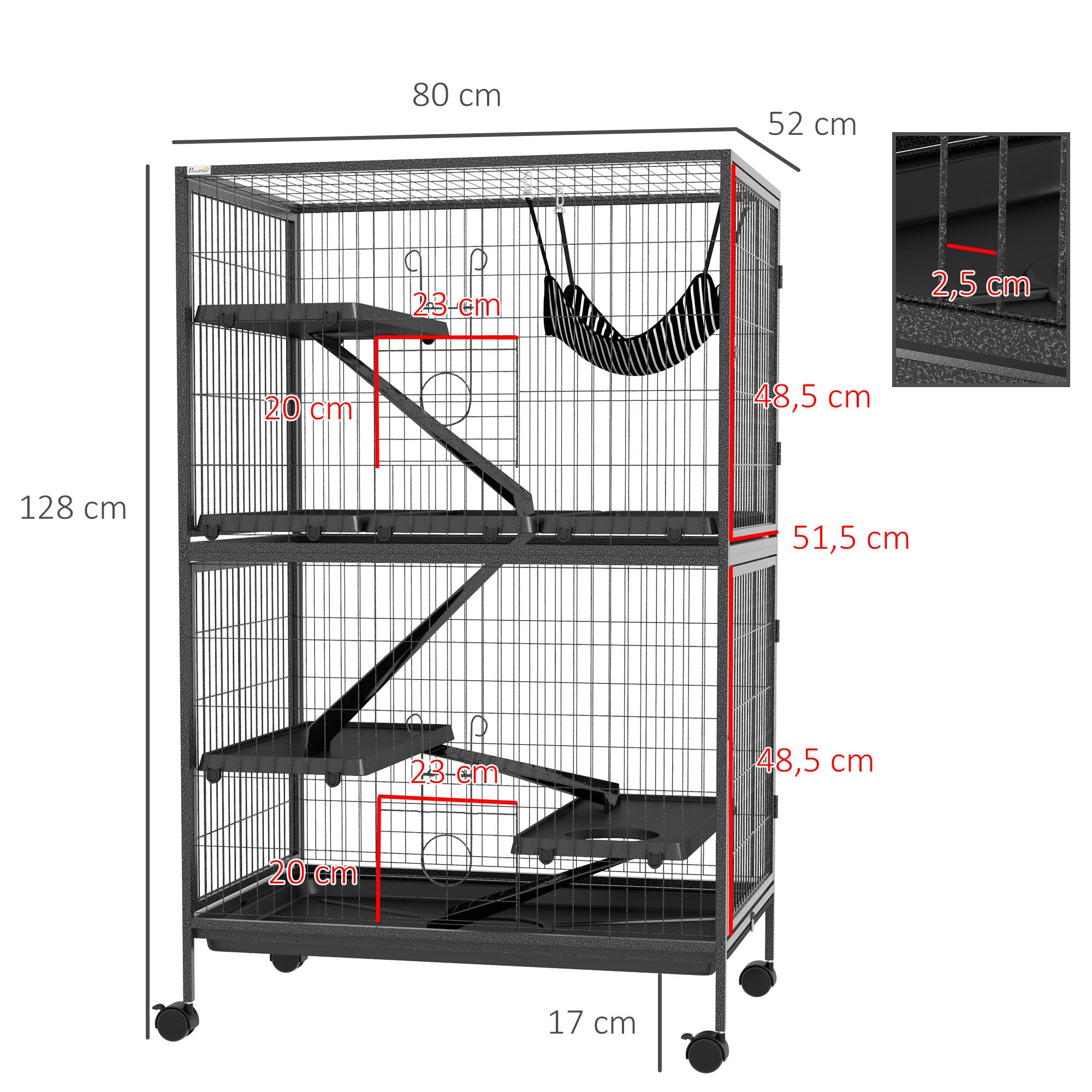 Gaiola para Roedores – 80x52x128 cm – Cinza Escuro – Metal e Plástico