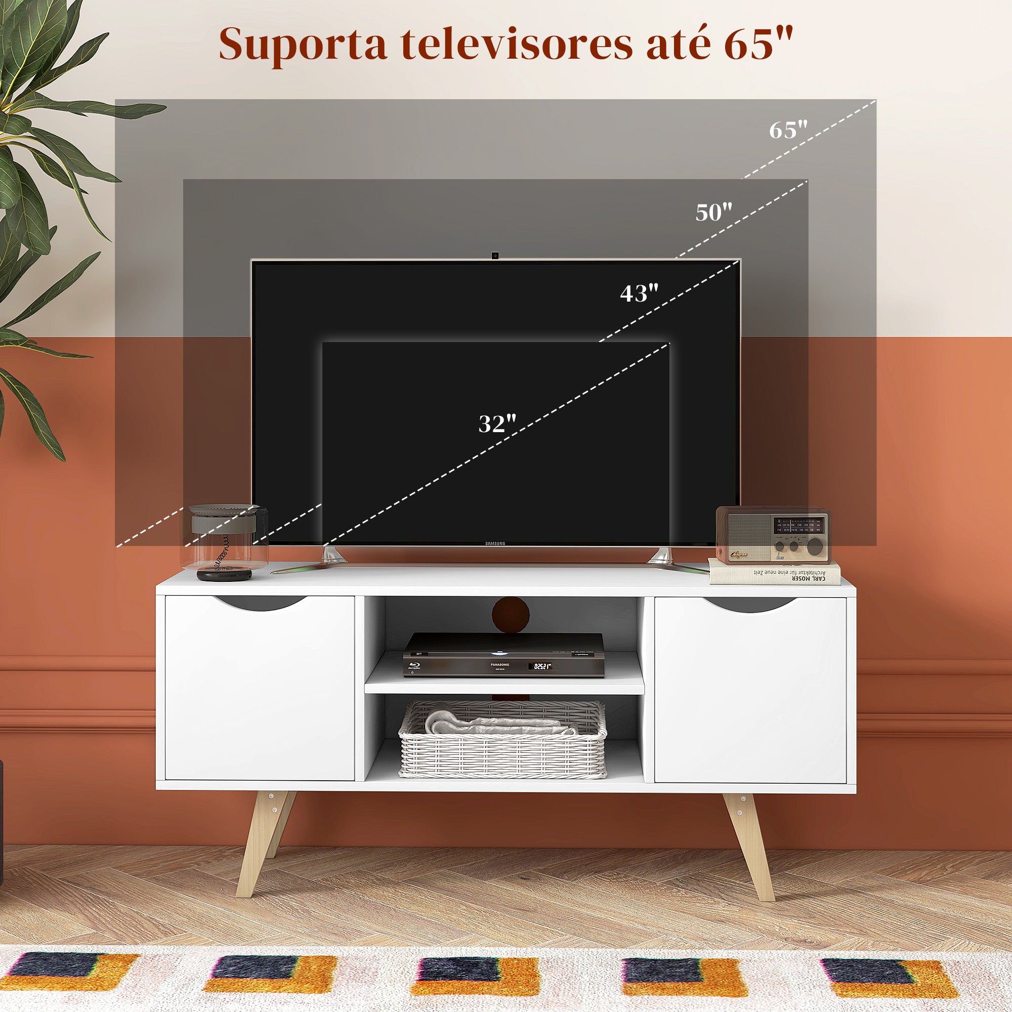 Móvel de TV Moderno Branco e Madeira 110x39x50 cm