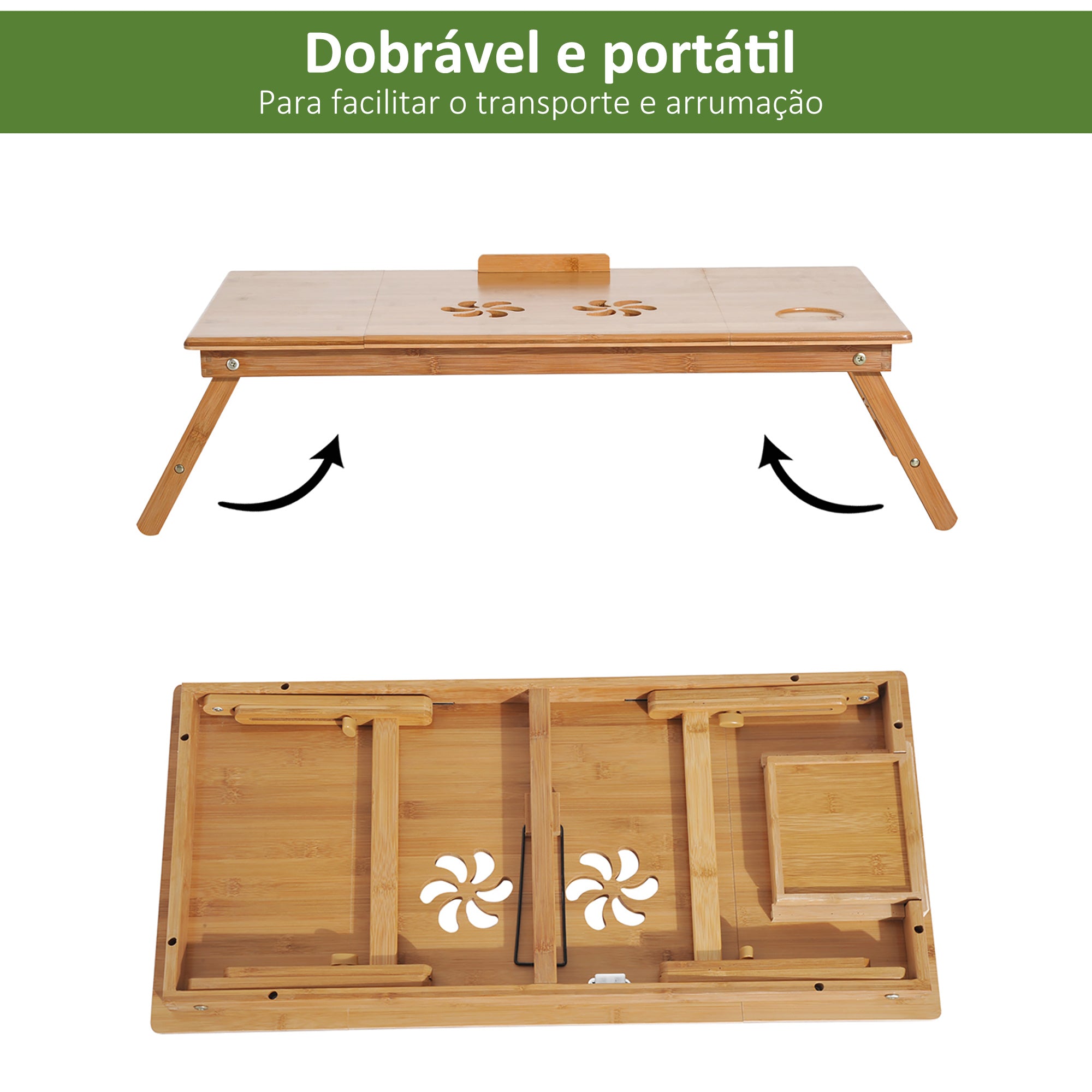 Mesa de Computador Portátil de Bambu Dobrável Reclinável Cor de Madeira Natural 72x35x22-30 cm