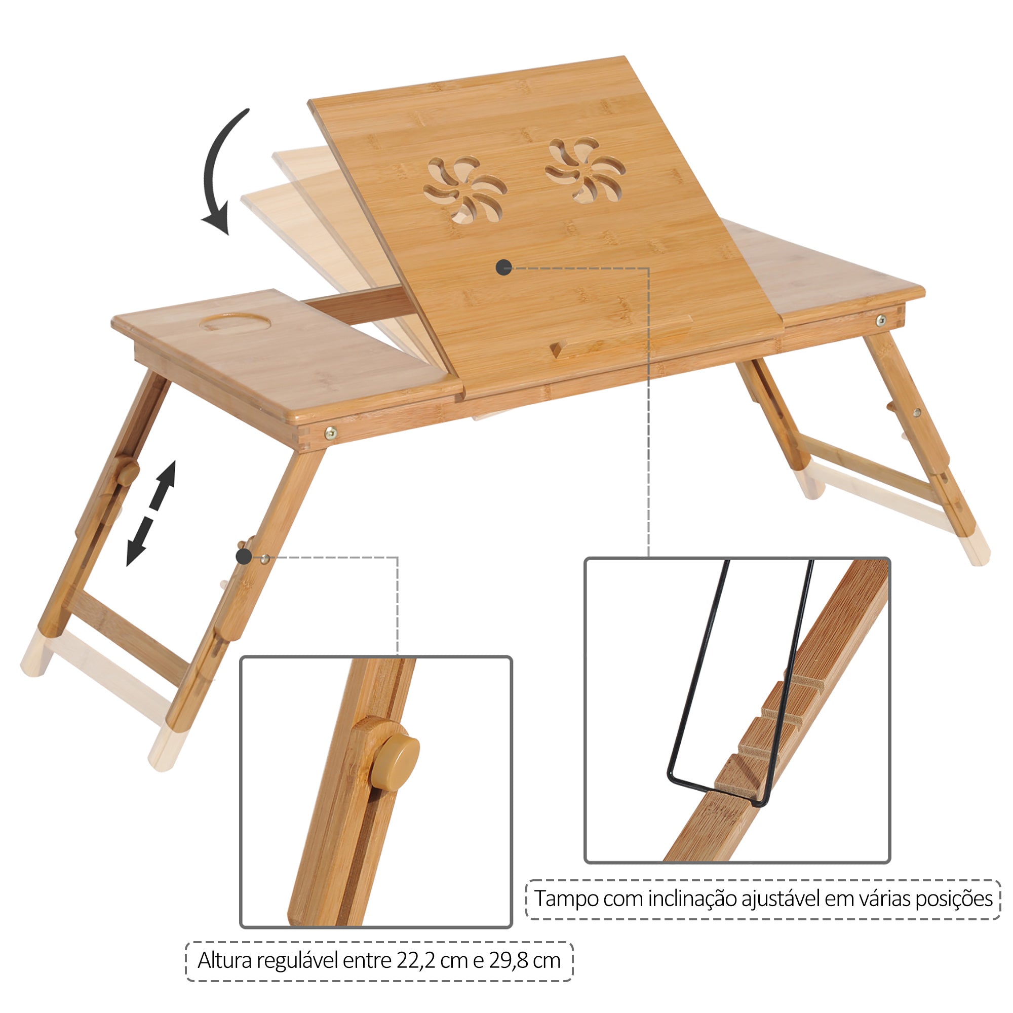 Mesa de Computador Portátil de Bambu Dobrável Reclinável Cor de Madeira Natural 72x35x22-30 cm