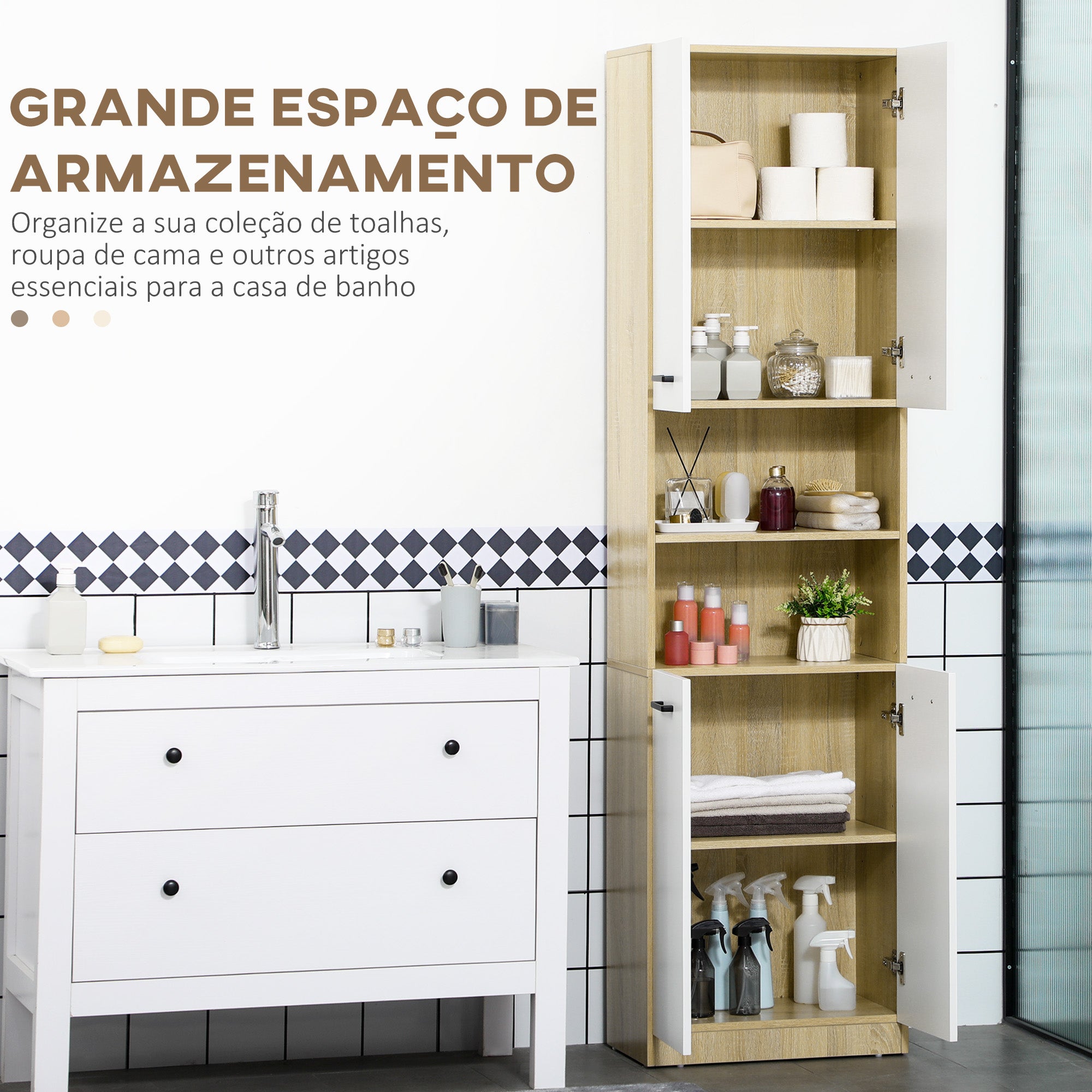 Armário Alto Casa de Banho 53x33,5x195,7 cm - Branco e Madeira
