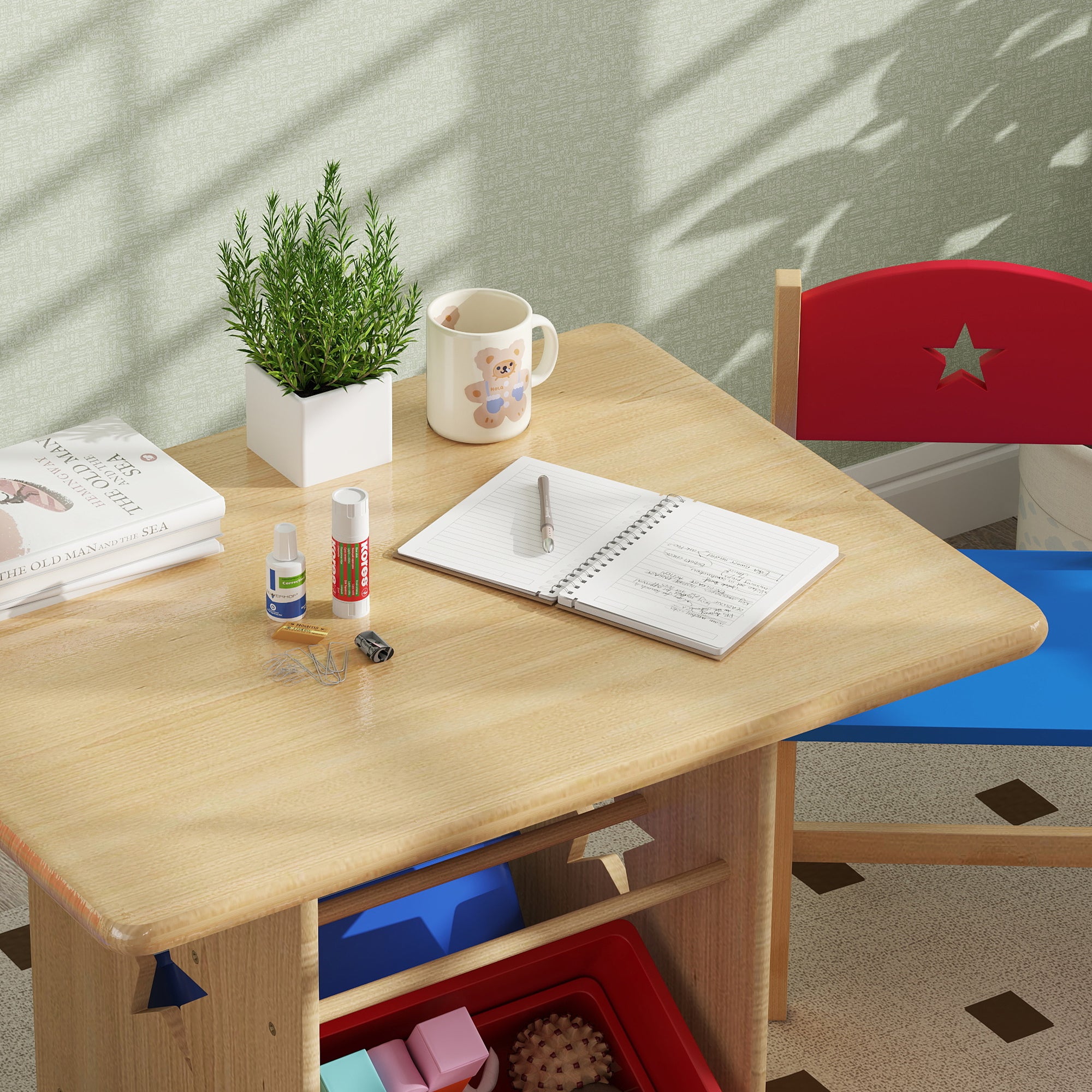 Conjunto de Mesa e Cadeiras para Crianças - 77x57x50 cm - Madeira, Vermelho e Azul