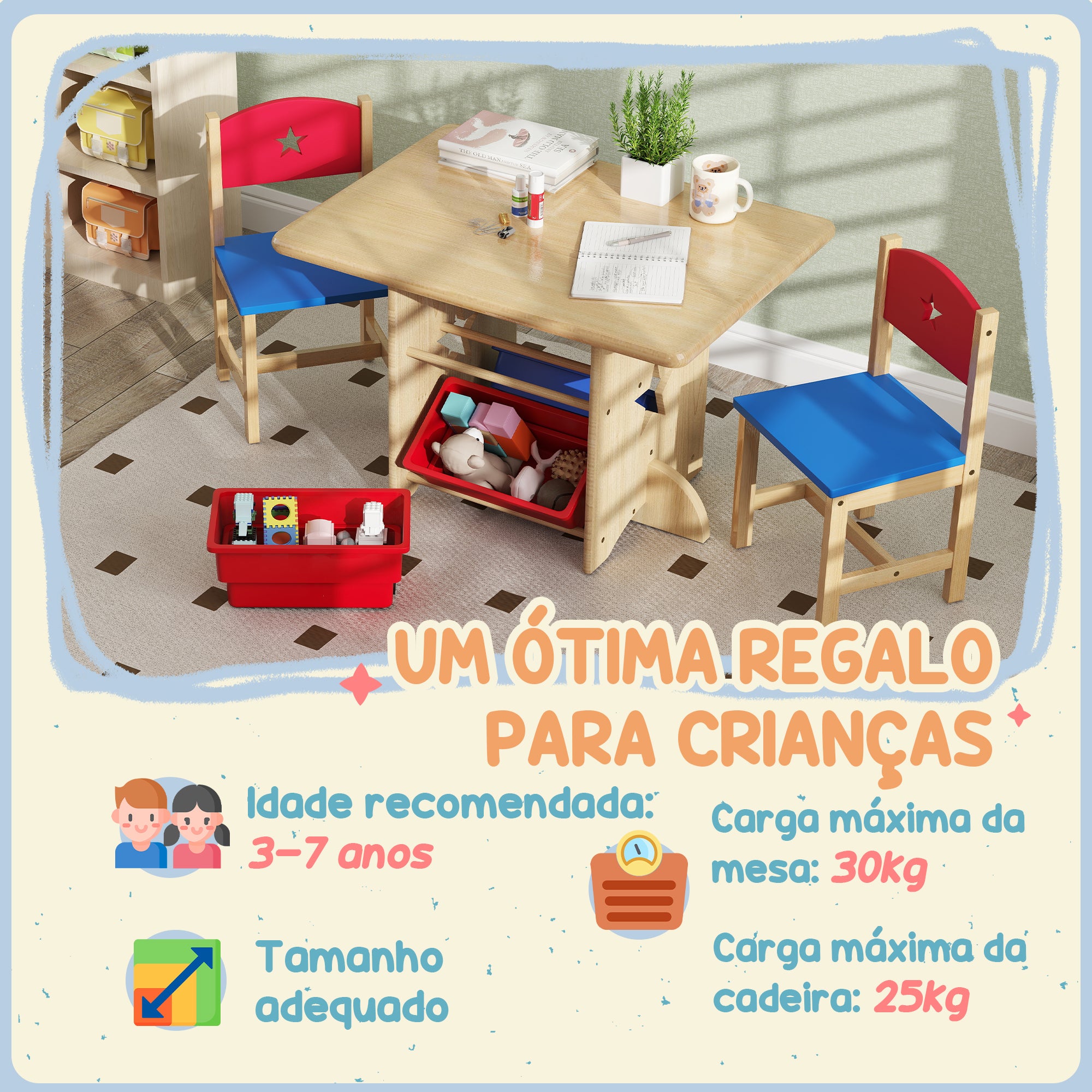 Conjunto de Mesa e Cadeiras para Crianças - 77x57x50 cm - Madeira, Vermelho e Azul