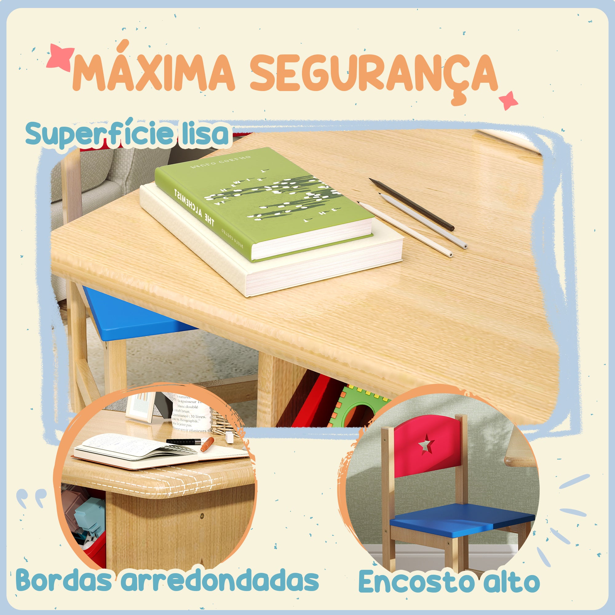 Conjunto de Mesa e Cadeiras para Crianças - 77x57x50 cm - Madeira, Vermelho e Azul