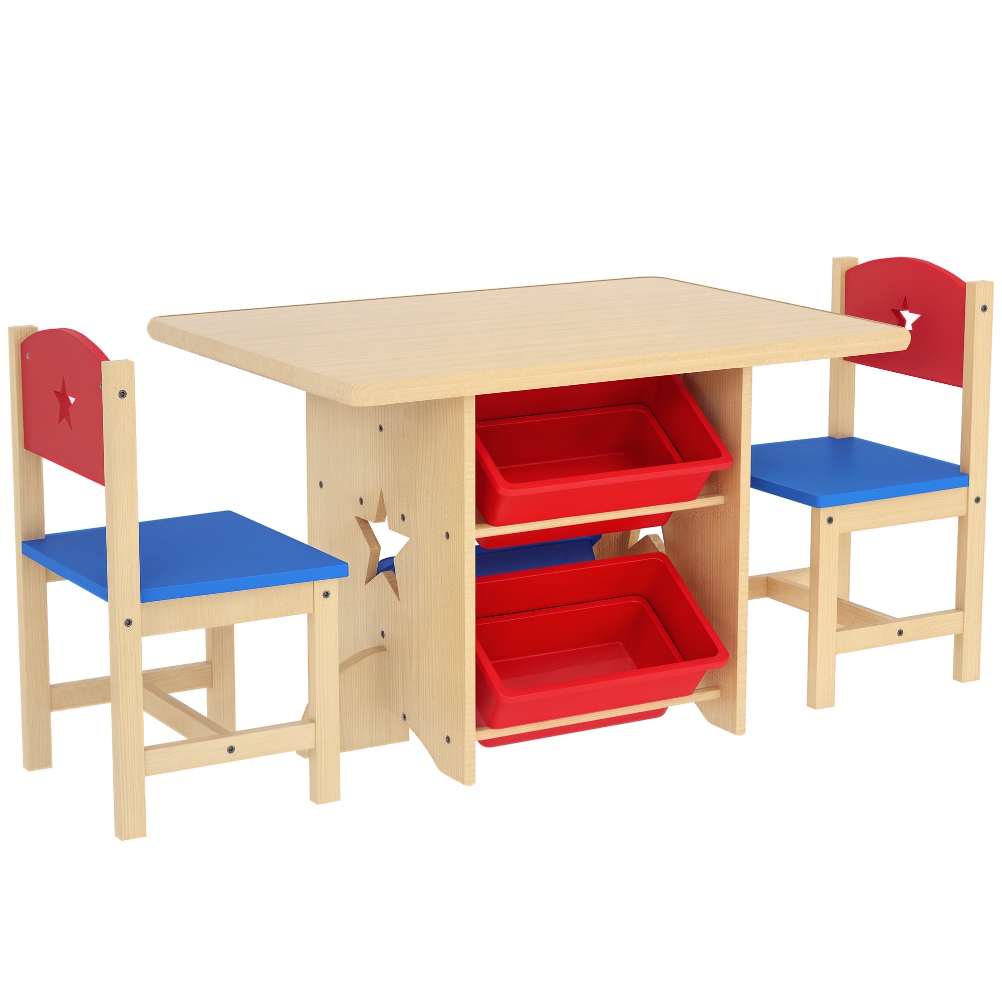 Conjunto de Mesa e Cadeiras para Crianças - 77x57x50 cm - Madeira, Vermelho e Azul