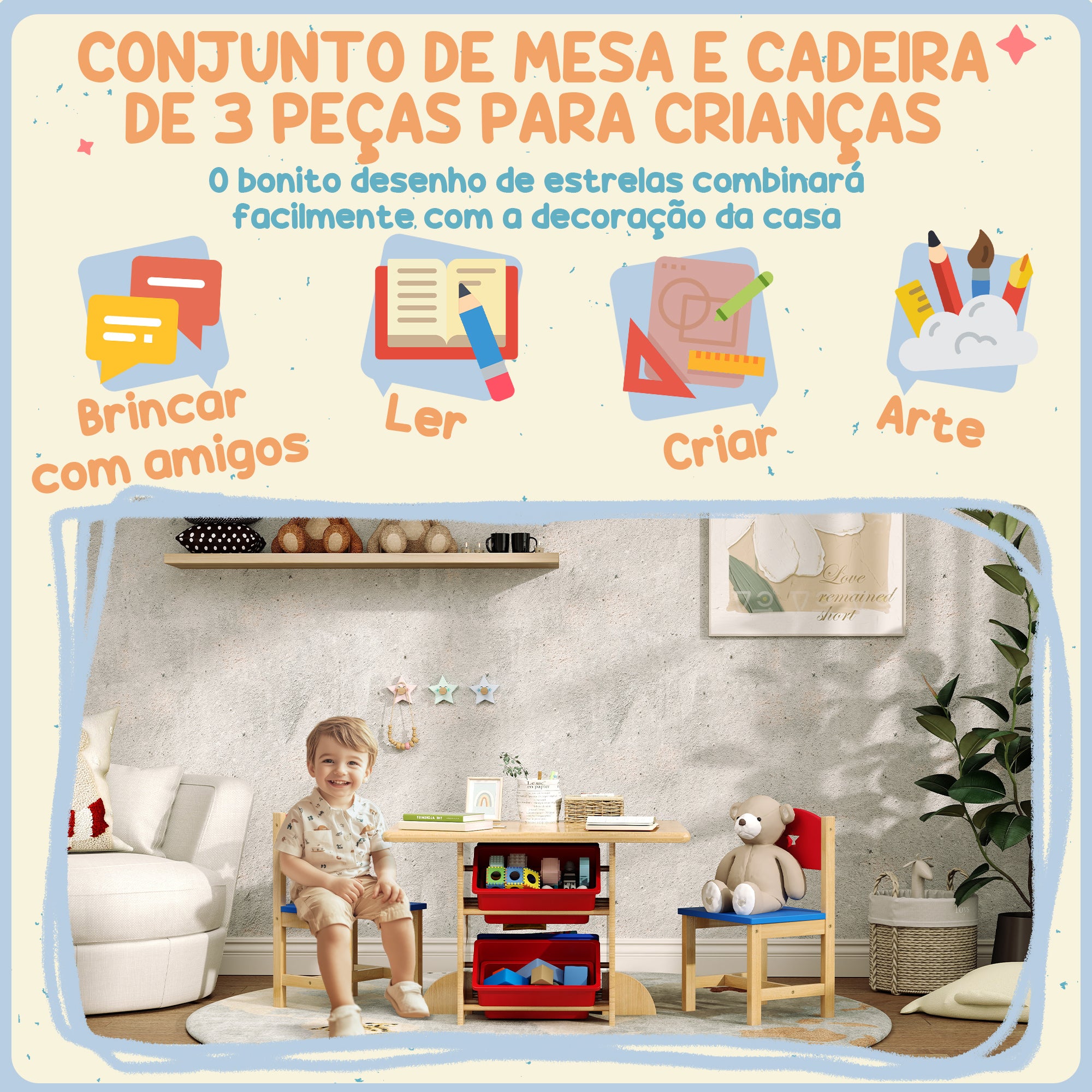 Conjunto de Mesa e Cadeiras para Crianças - 77x57x50 cm - Madeira, Vermelho e Azul
