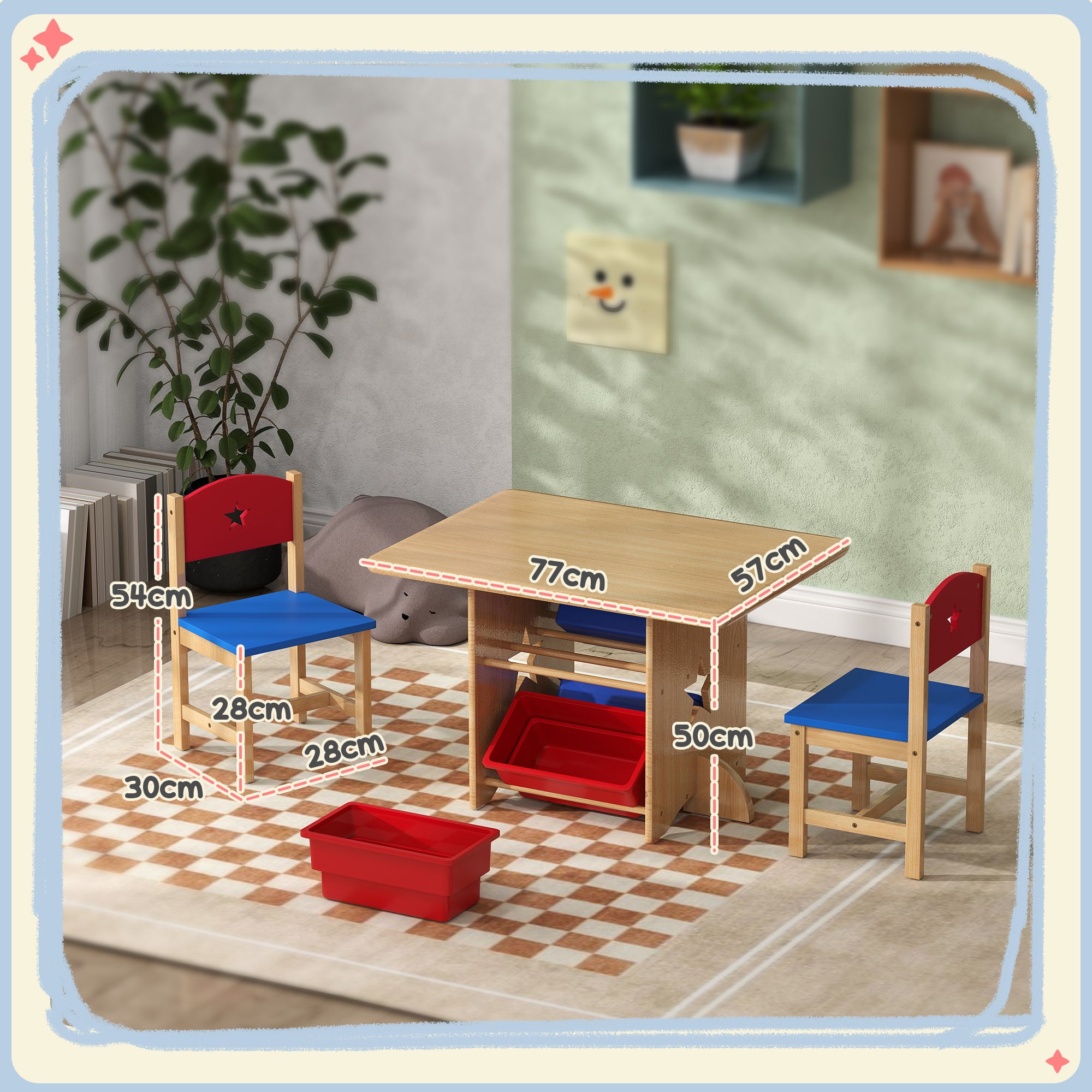 Conjunto de Mesa e Cadeiras para Crianças - 77x57x50 cm - Madeira, Vermelho e Azul