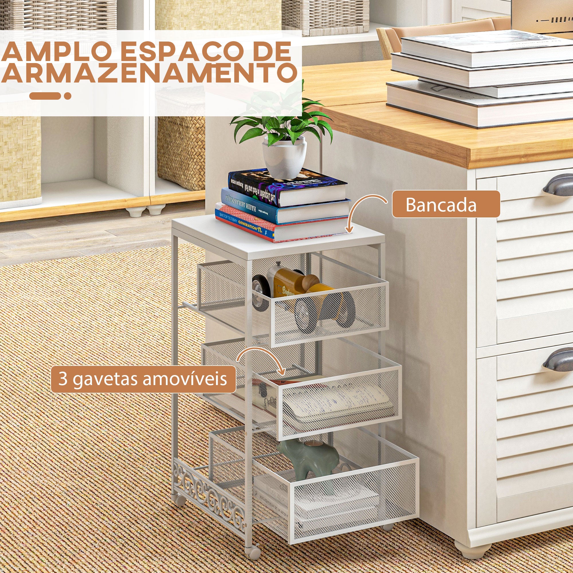 Carrinho Auxiliar de 3 Níveis – 34x29,5x57,5 cm – Branco – Melamina de madeira e aço