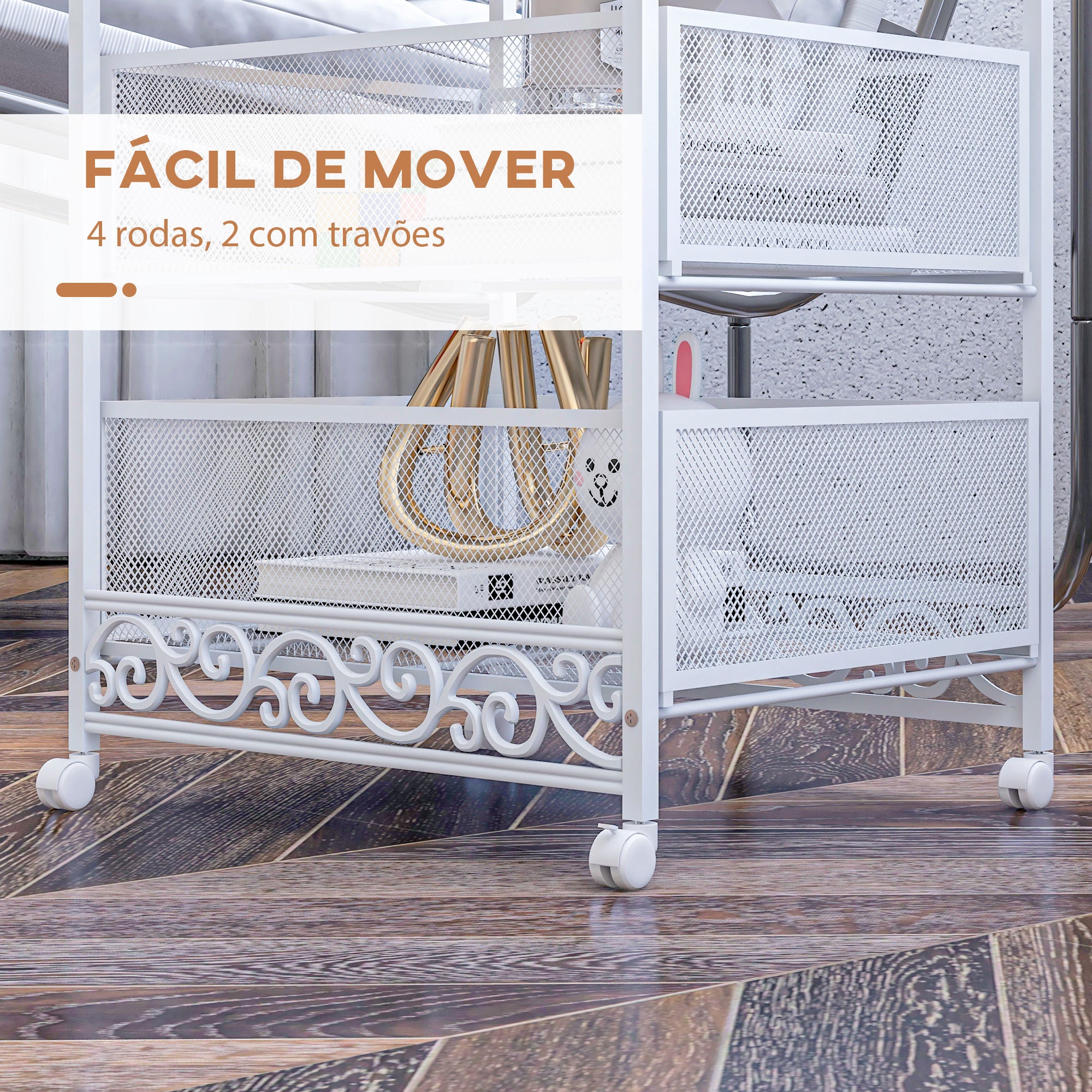 Carrinho Auxiliar de 3 Níveis – 34x29,5x57,5 cm – Branco – Melamina de madeira e aço