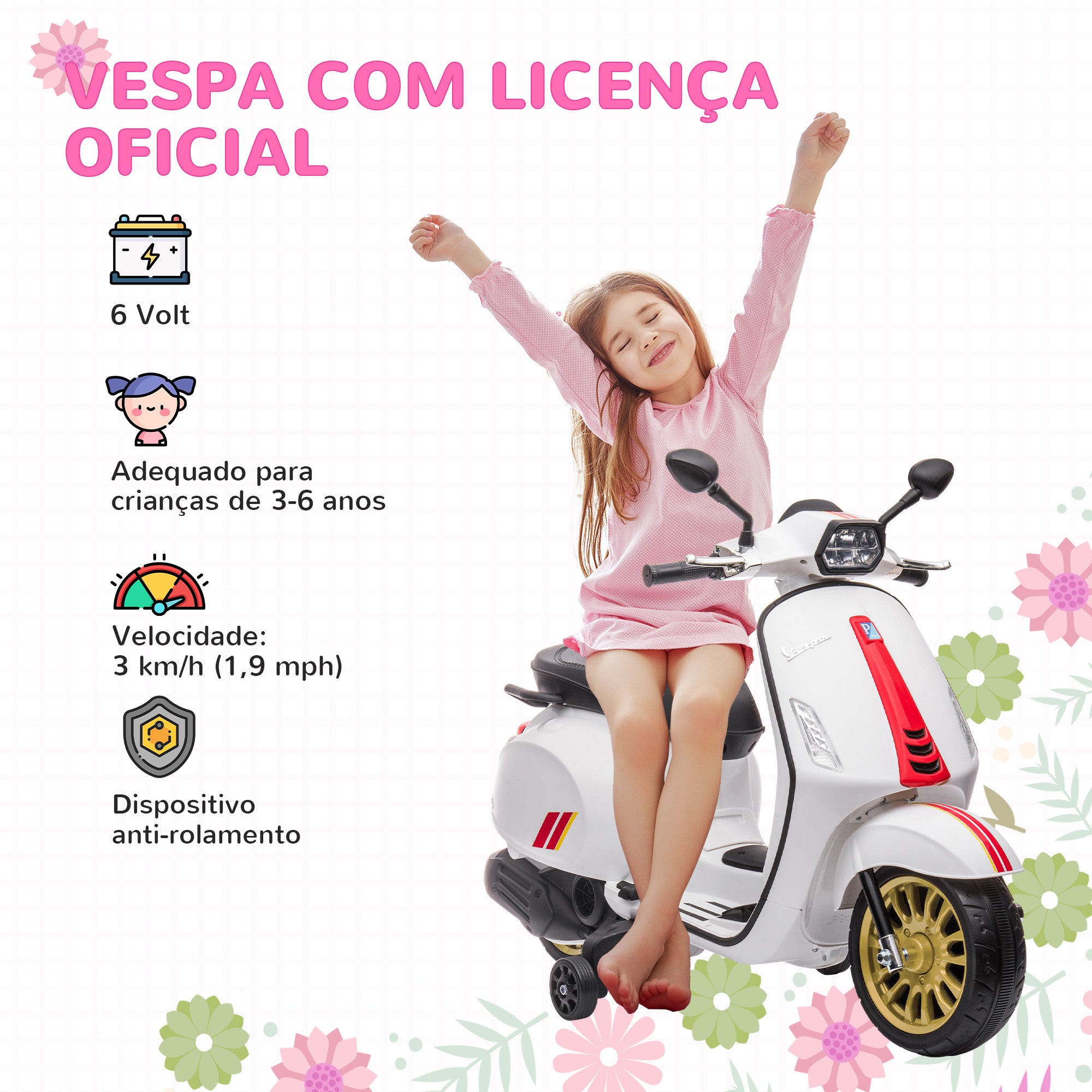 Moto Elétrica para Crianças 3-6 Anos Branca 107x47x73 cm