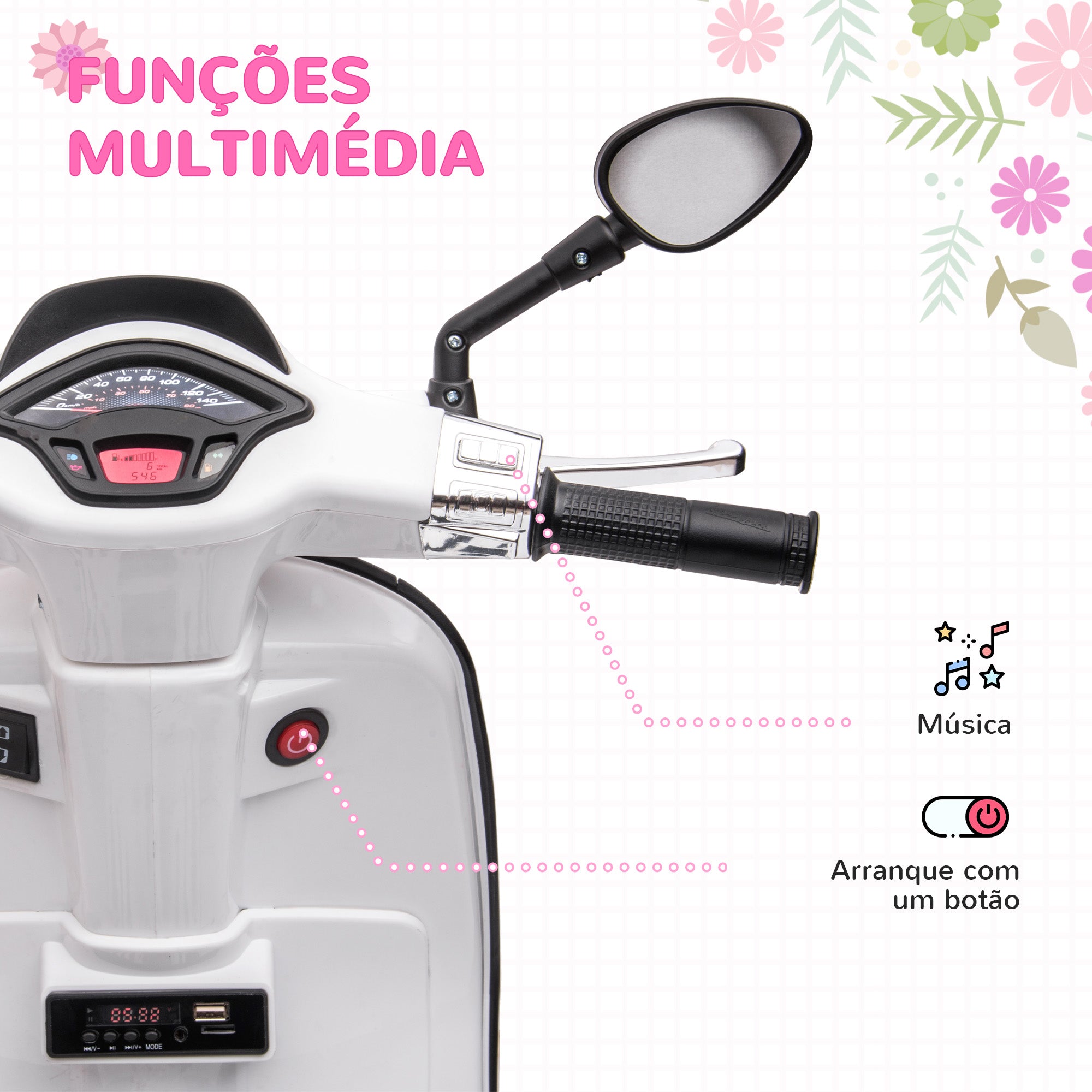 Moto Elétrica para Crianças 3-6 Anos Branca 107x47x73 cm