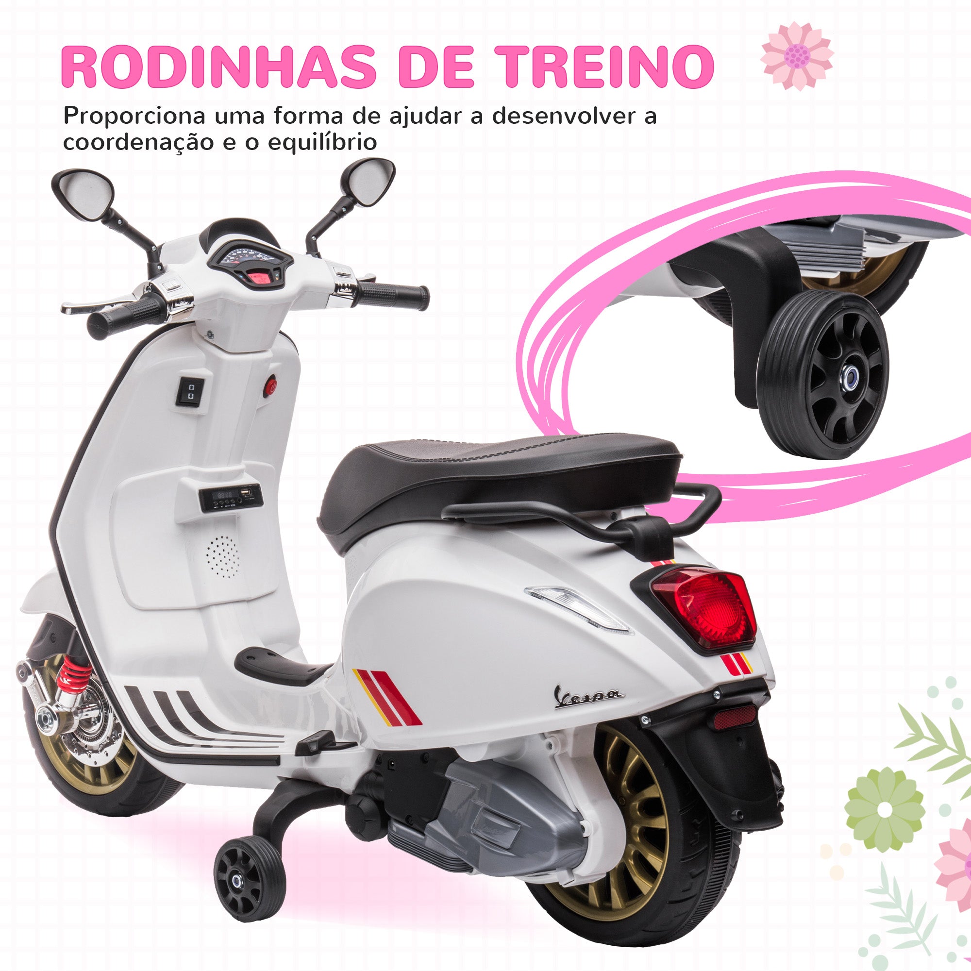 Moto Elétrica para Crianças 3-6 Anos Branca 107x47x73 cm