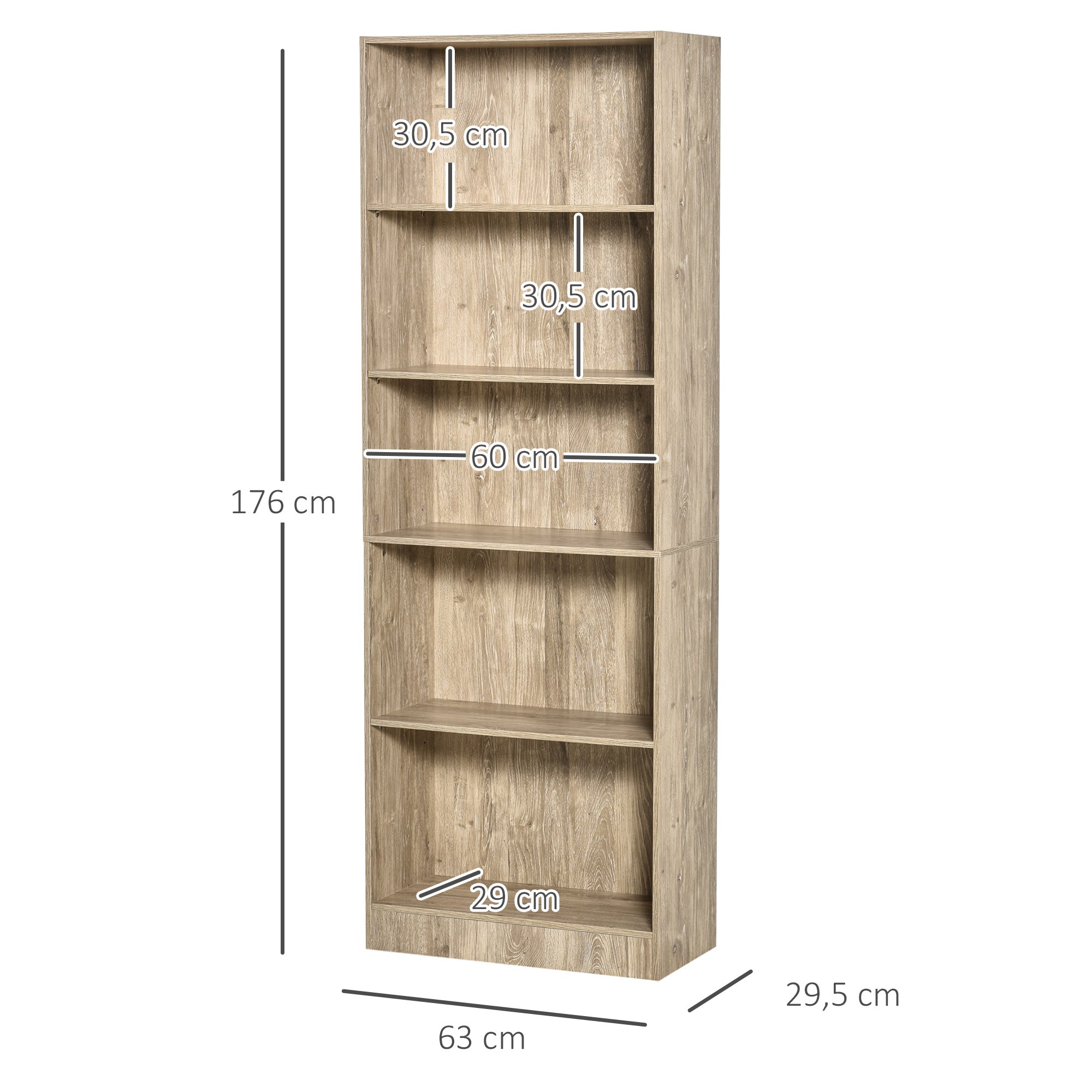Estante para Livros 5 Níveis Cor de Madeira Natural 63x29,5x176 cm