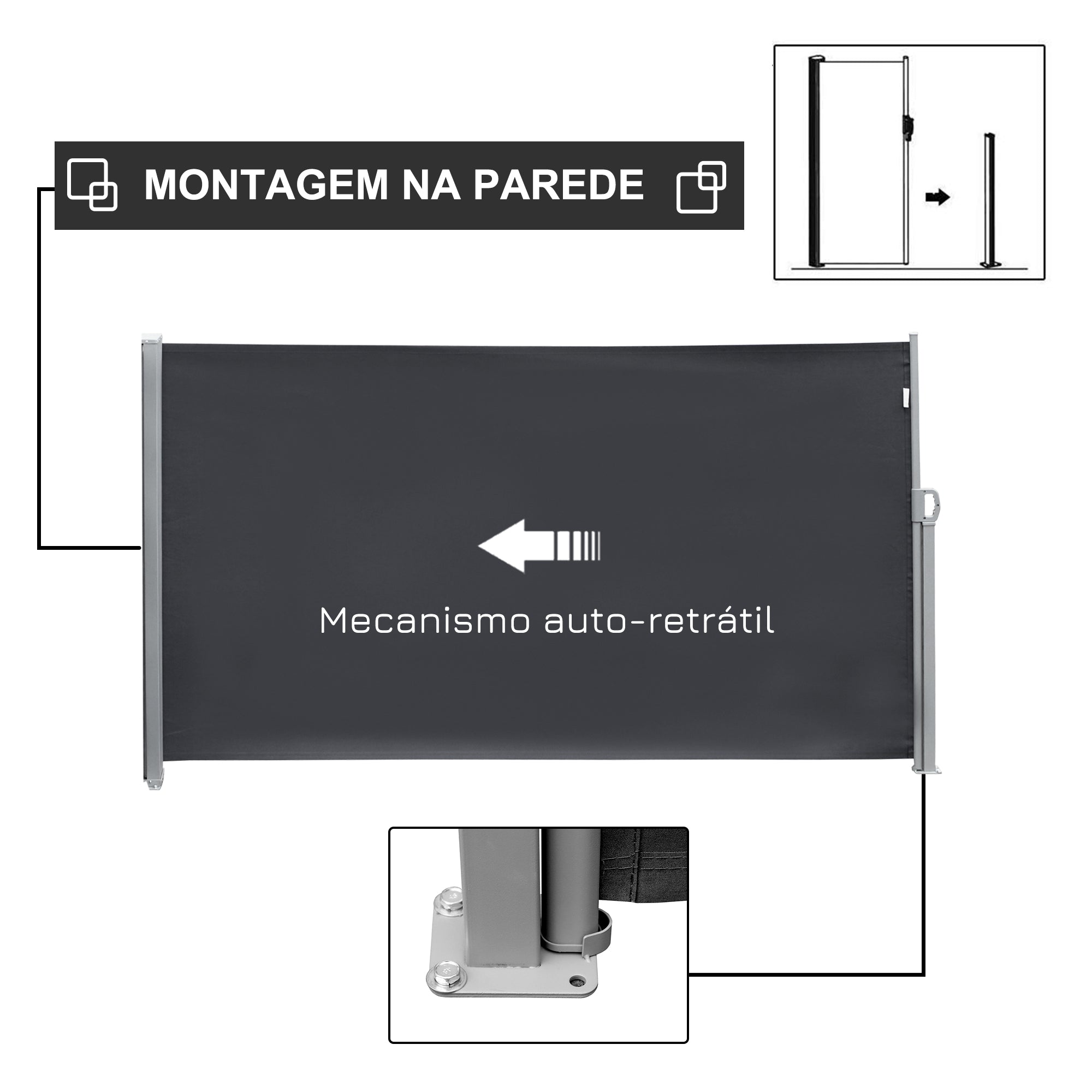Toldo Lateral Retrátil Cinzento 300x180cm para Terraço, Pátio ou Jardim