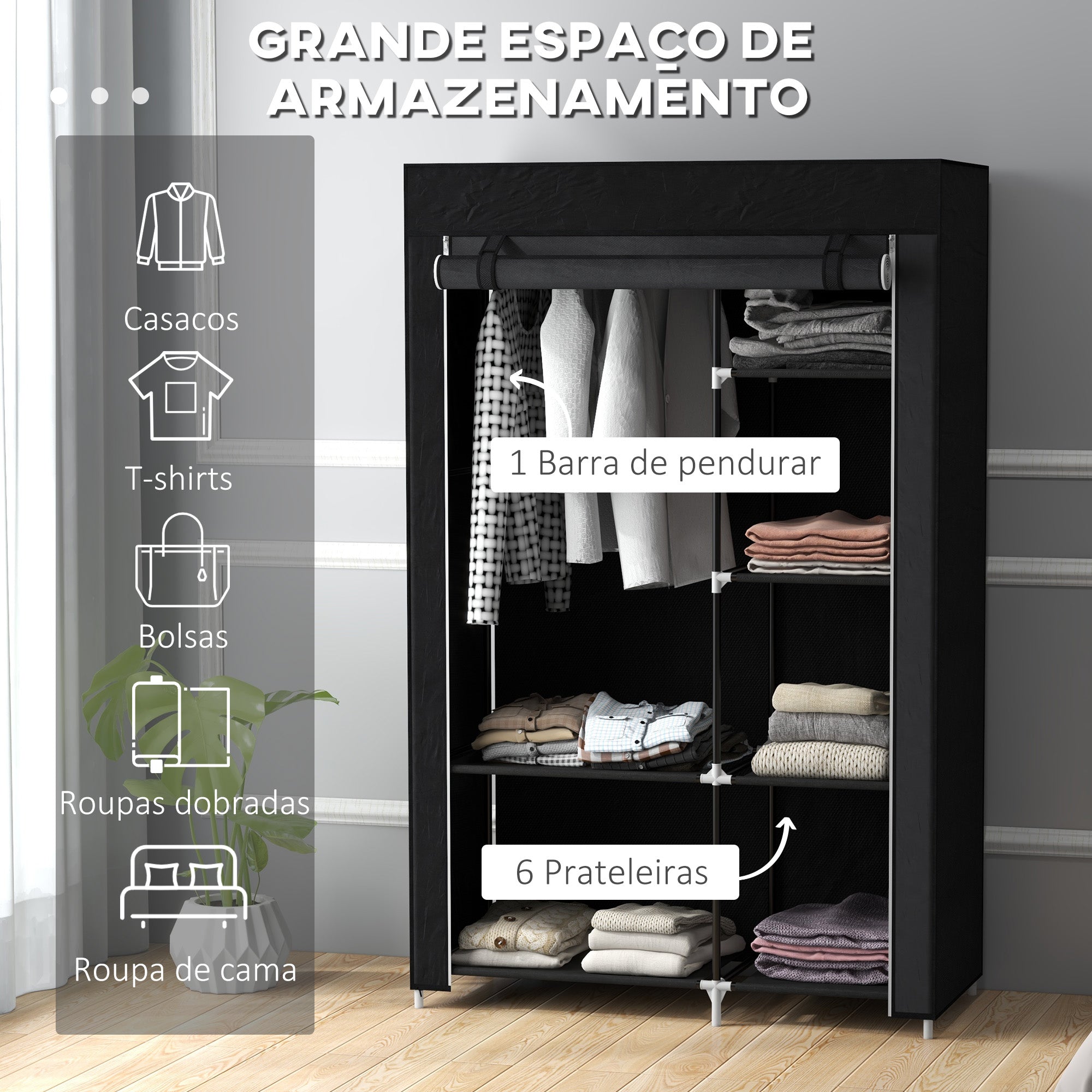 Roupeiro de Tecido Dobrável com 6 Prateleiras e Barra de Pendurar 103x43x162,5 cm Preto
