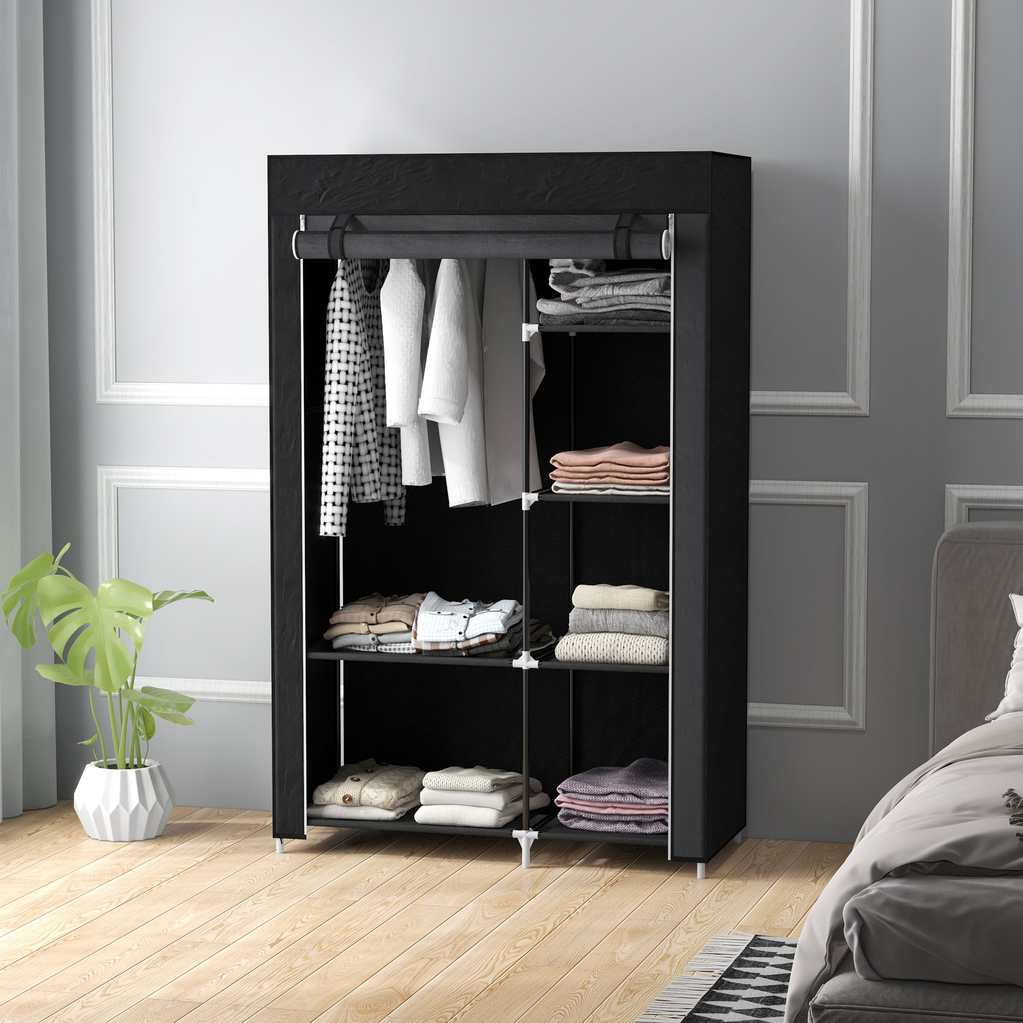 Roupeiro de Tecido Dobrável com 6 Prateleiras e Barra de Pendurar 103x43x162,5 cm Preto