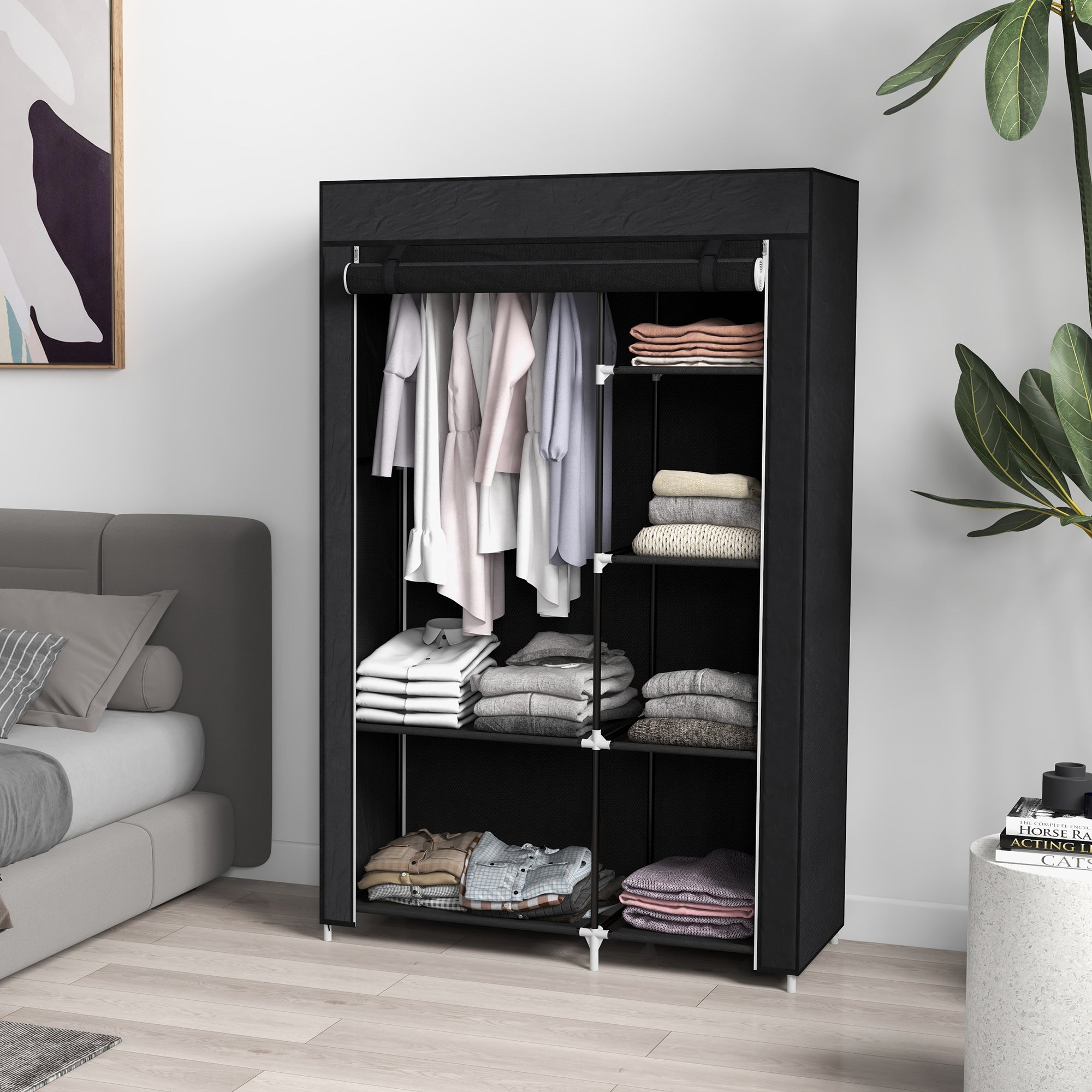 Roupeiro de Tecido Dobrável com 6 Prateleiras e Barra de Pendurar 103x43x162,5 cm Preto