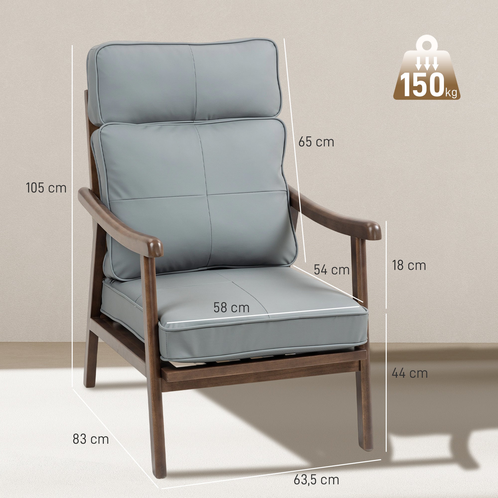 Poltrona Estofada em PU Cinzento 63,5x83x105 cm