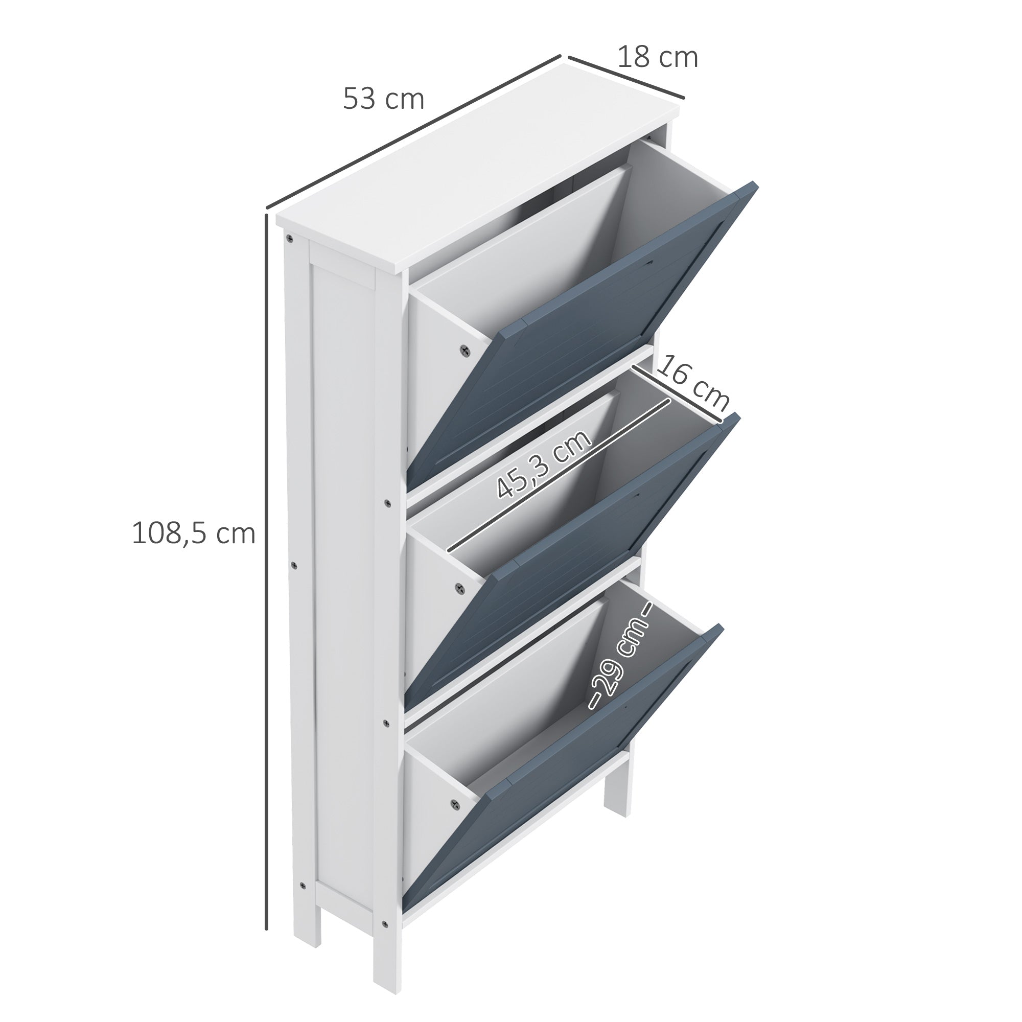 Sapateira Estreita com 3 Compartimentos – 53x18x108,5 cm – Cinza e Branco – MDF