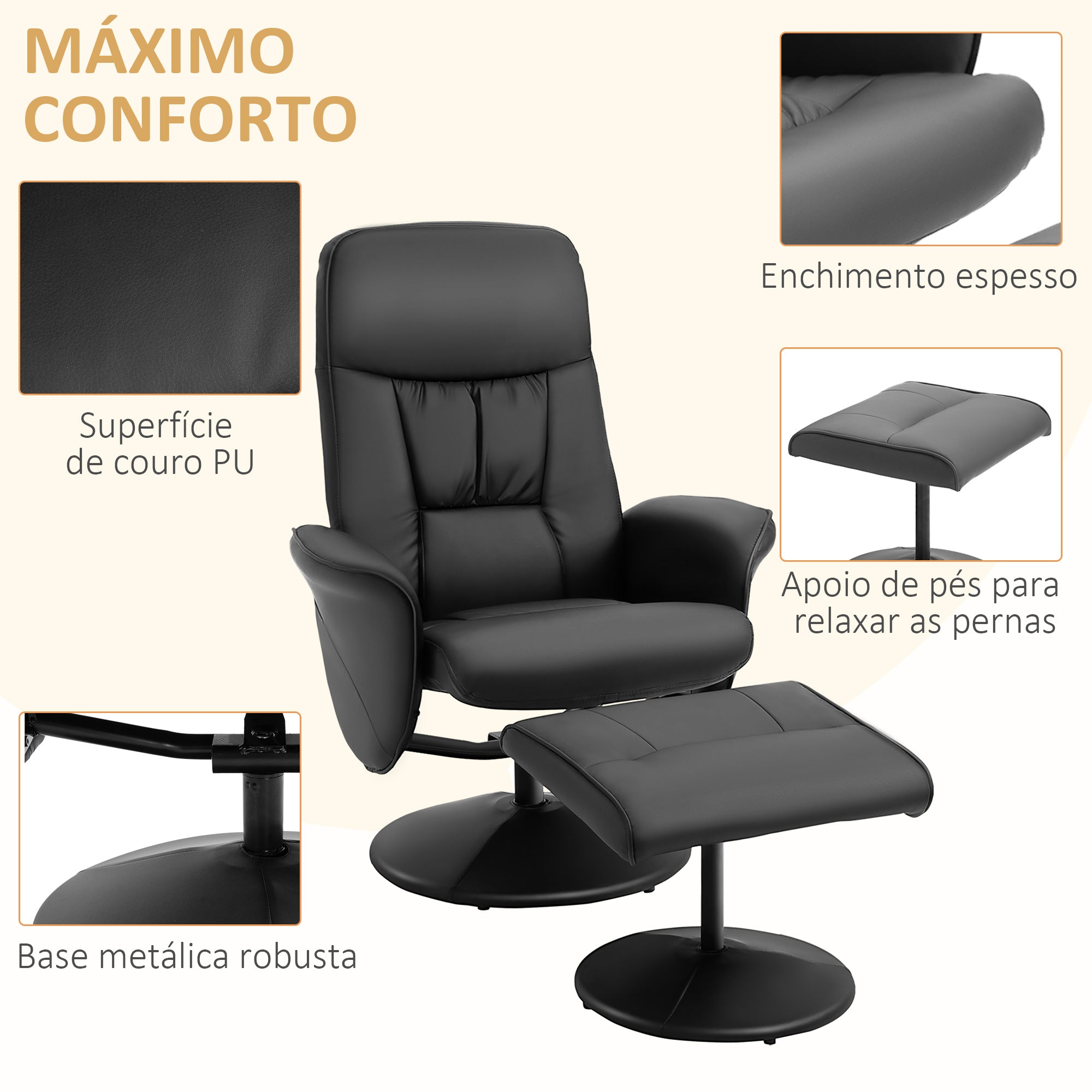 Poltrona Relax Reclinável 81x81x105 cm Preto