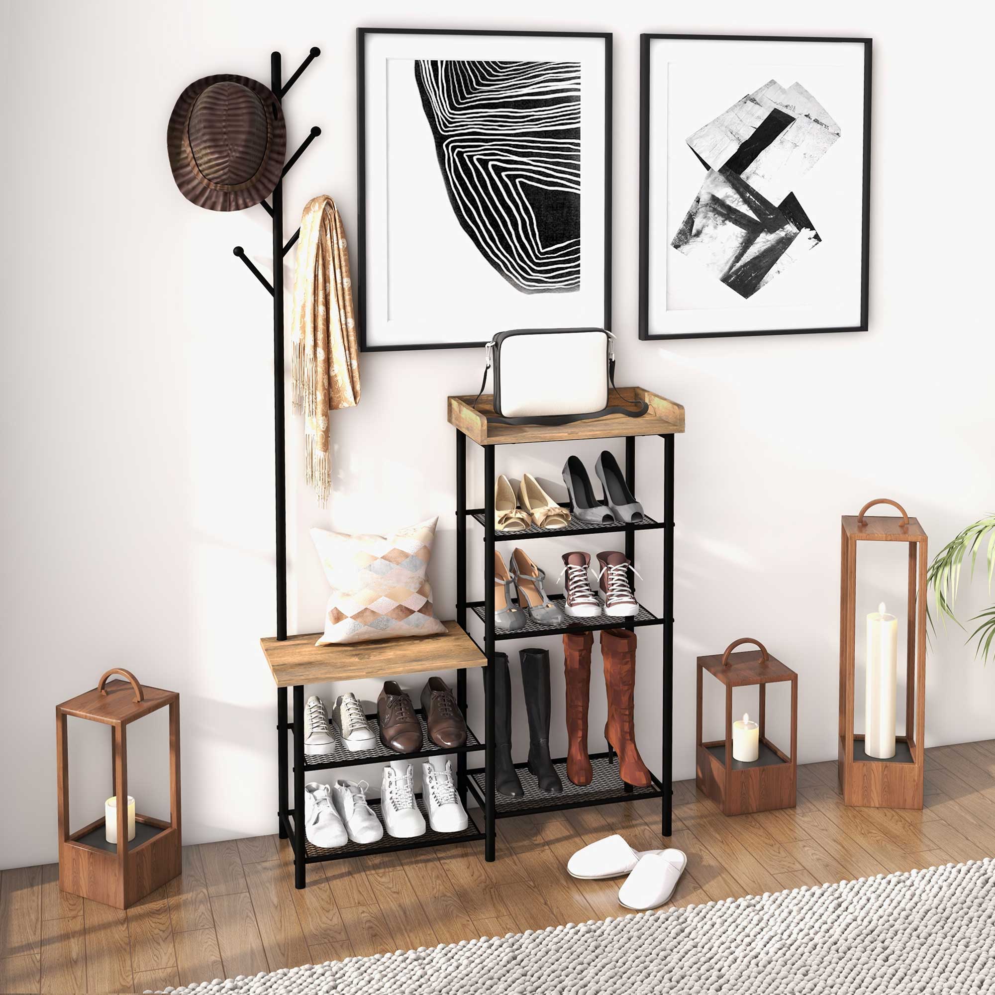 Móvel Cabide de Entrada com Sapateira 5 Prateleiras 6 Ganchos 92,5x28x182 cm Preto e Marrom