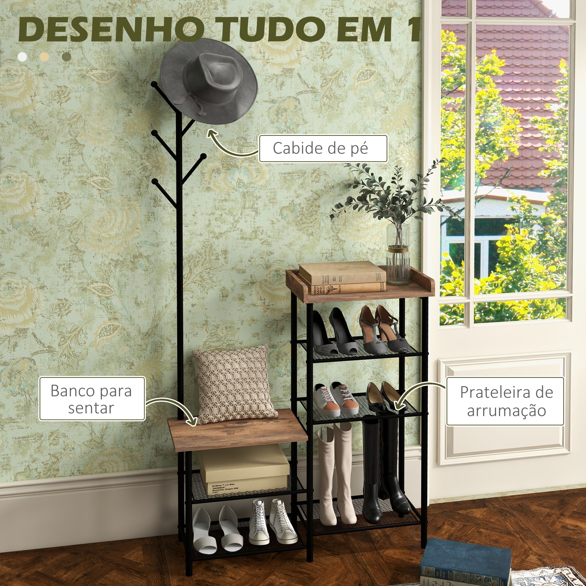 Móvel Cabide de Entrada com Sapateira 5 Prateleiras 6 Ganchos 92,5x28x182 cm Preto e Marrom