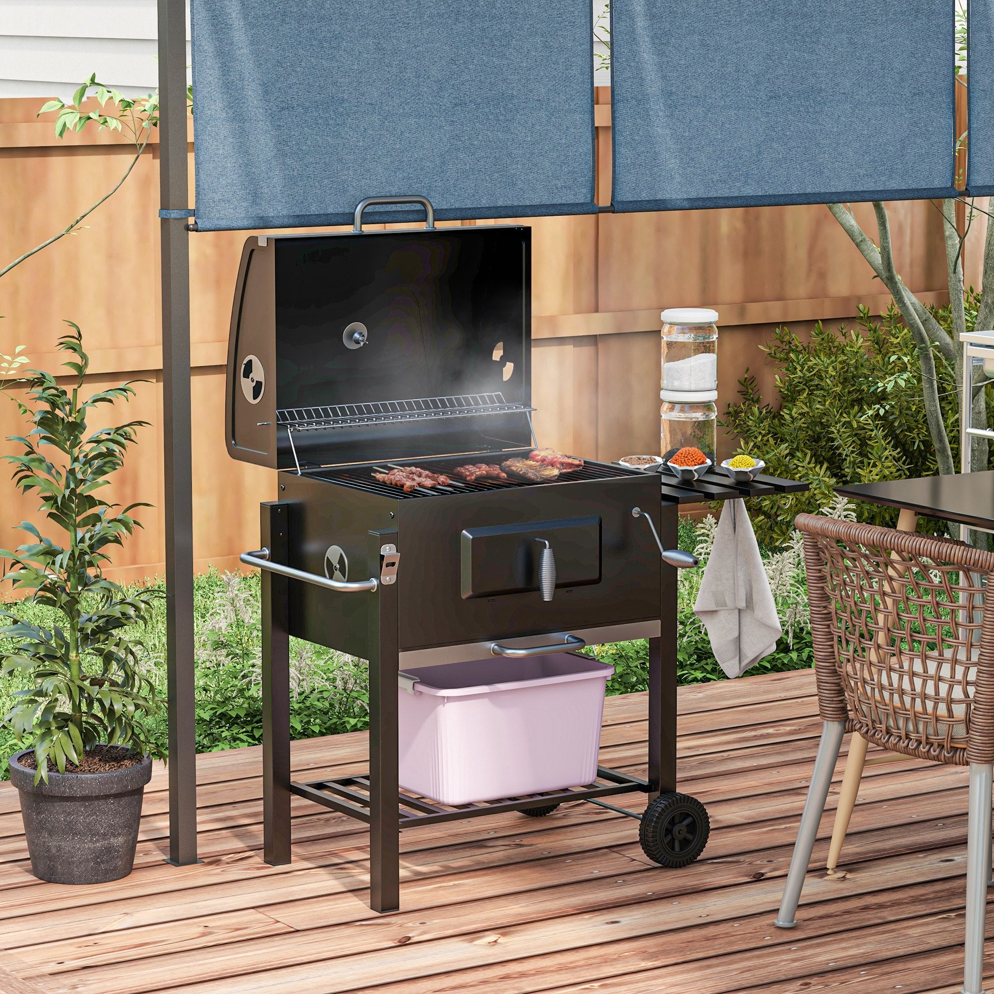 Barbecue a Carvão Preto 113x65x108 cm com Grelhas de Aço Inoxidável