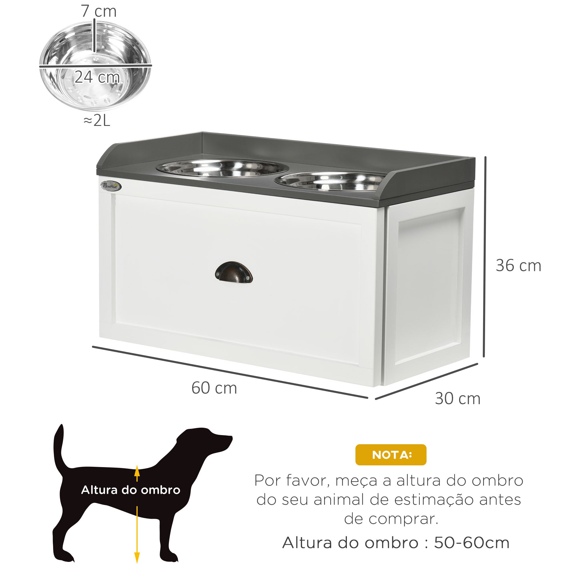 Comedouro Elevado para Cães – 60x30x36cm – Branco – Aço inoxidável e MDF