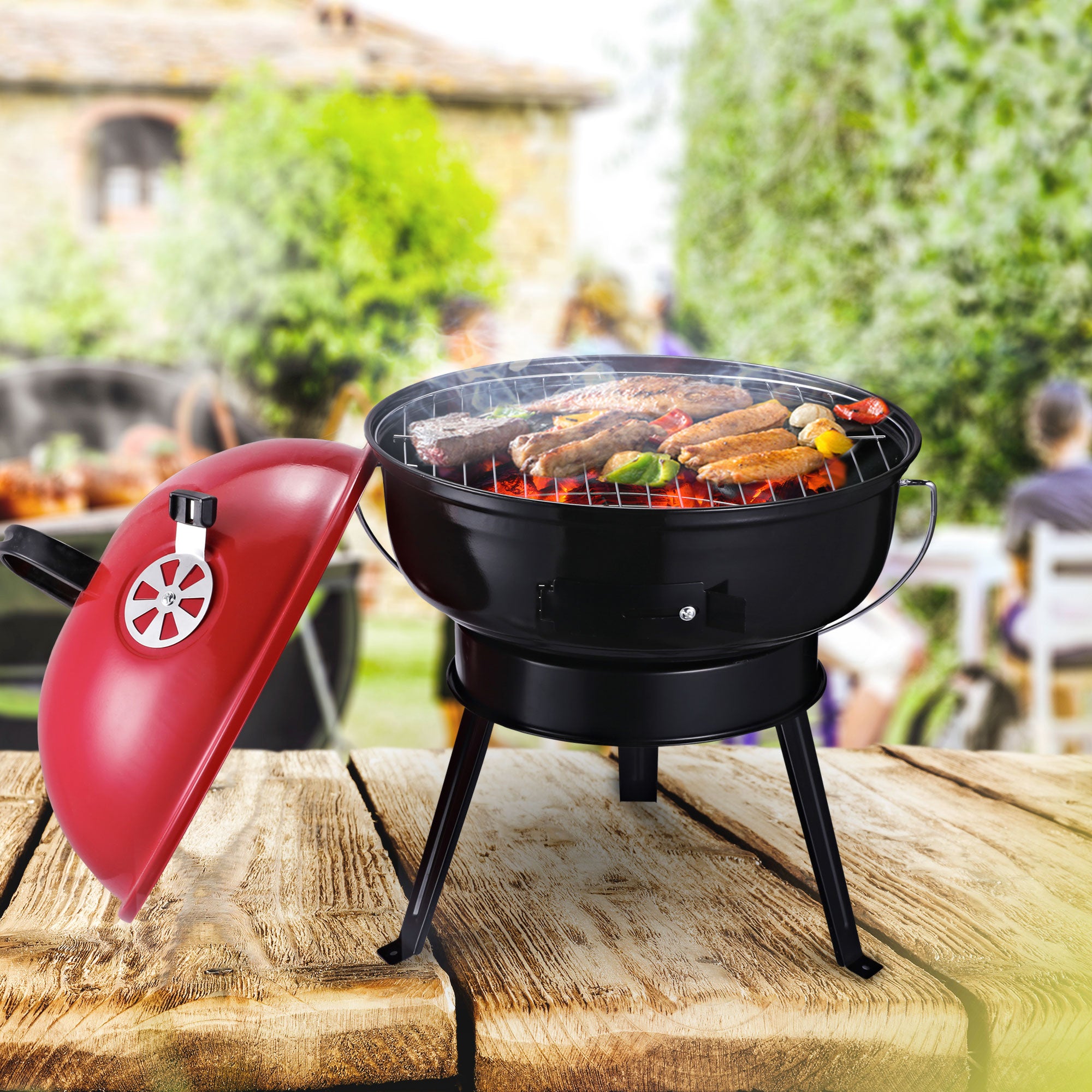 Barbecue Portátil de Metal Esmaltado Ø36,5x54cm Preto e Vermelho