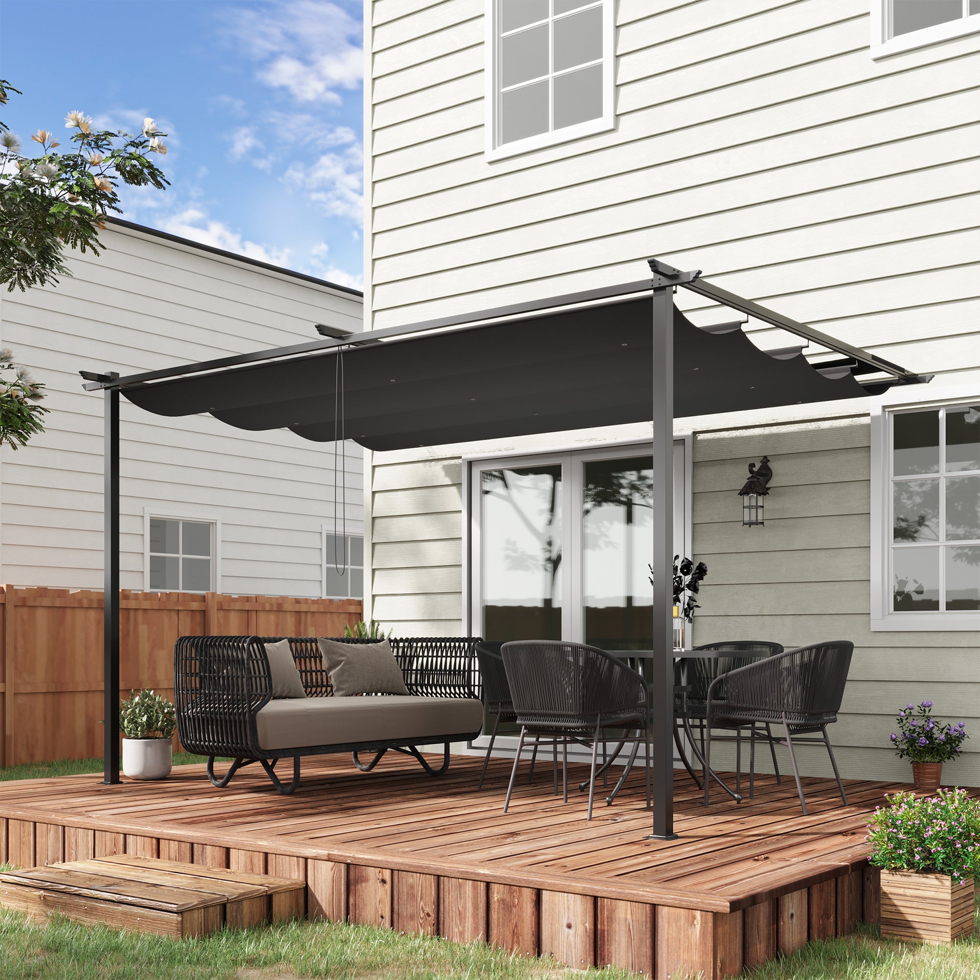Pérgola de Jardim 3,9x2,9 m com Teto Retrátil em Cinza Escuro