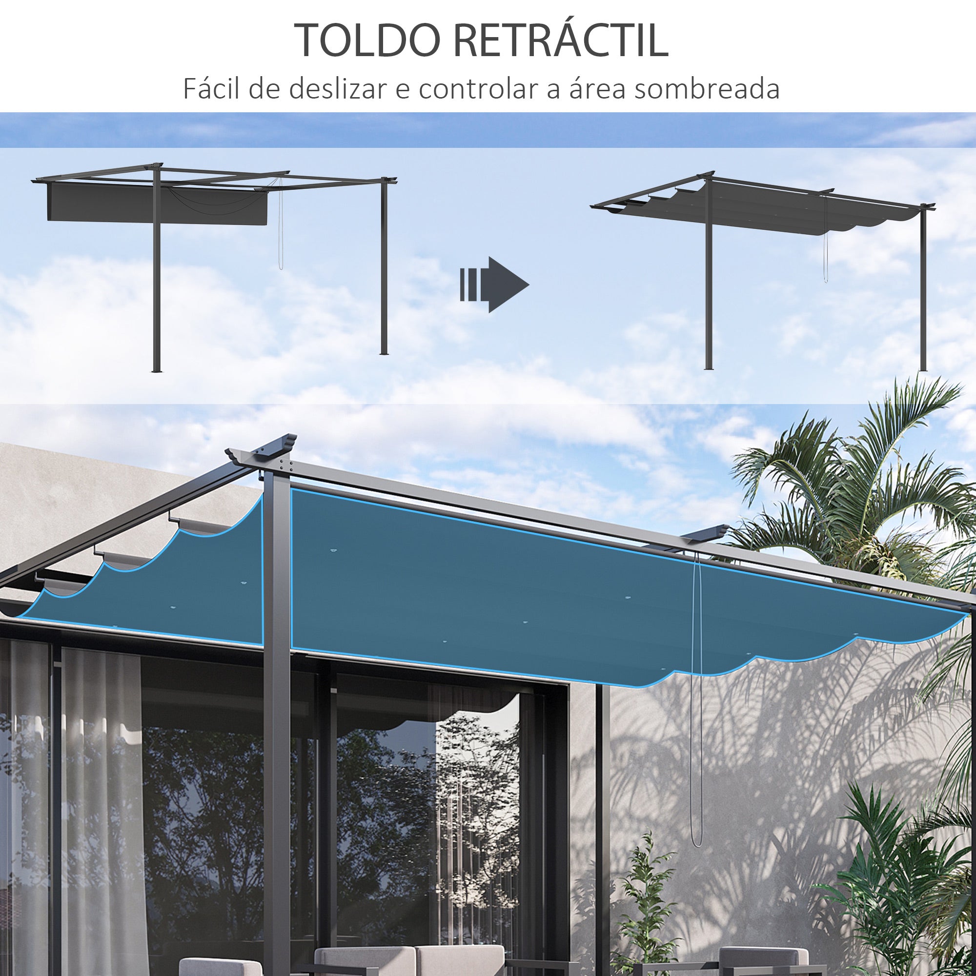 Pérgola de Jardim 3,9x2,9 m com Teto Retrátil em Cinza Escuro