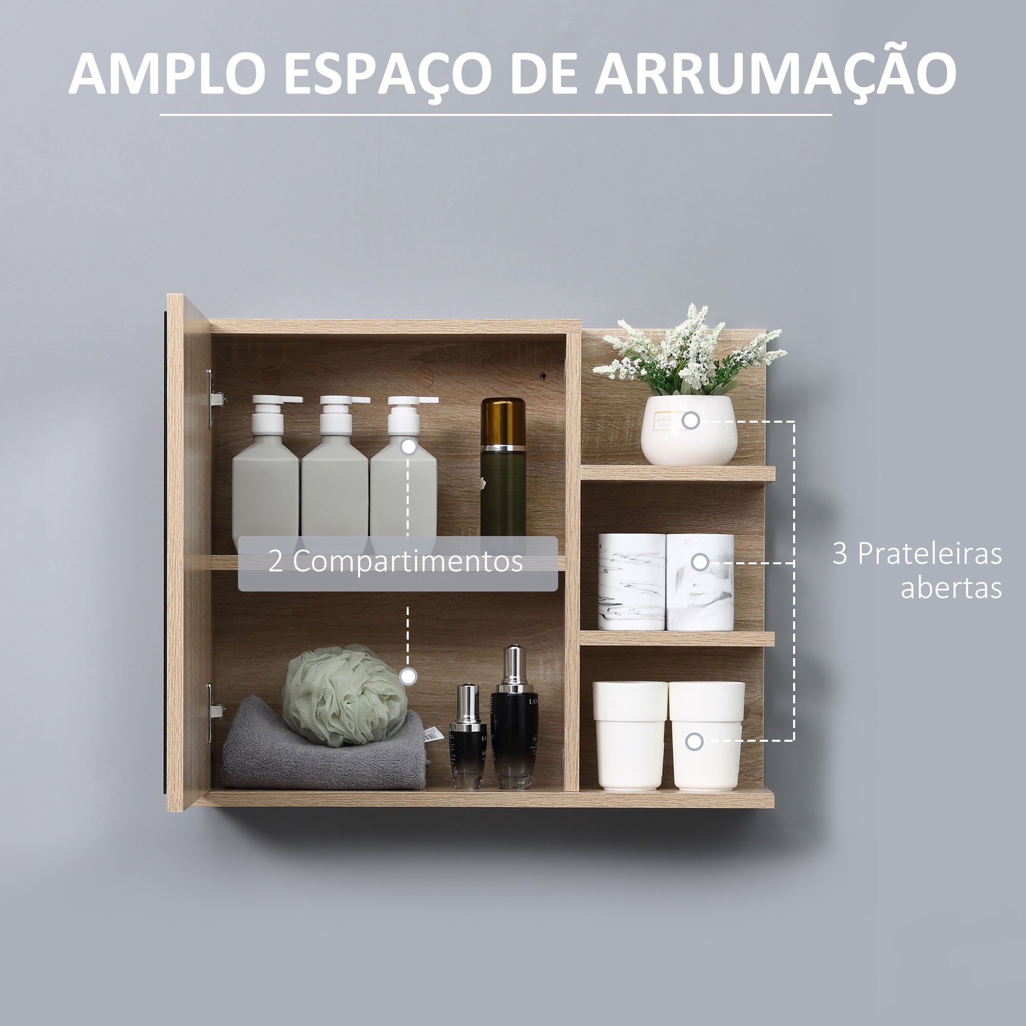 Armário Casa de Banho com Espelho 60x18x50 cm Cor de Madeira Natural
